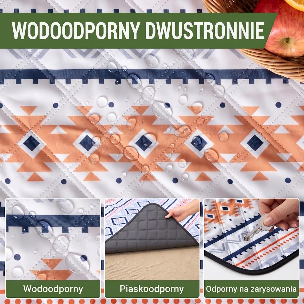 Wolfwise Koc Piknikowy Wodoodporny, Duży Mata Plażowa 200x200 cm, Składany Picnic Blanket z Regulowanymi Paskami i Paskiem na Ramię, Koc Izolowany do Ogrodu, Trawy, Podróży i Wędrówek, Niebieski