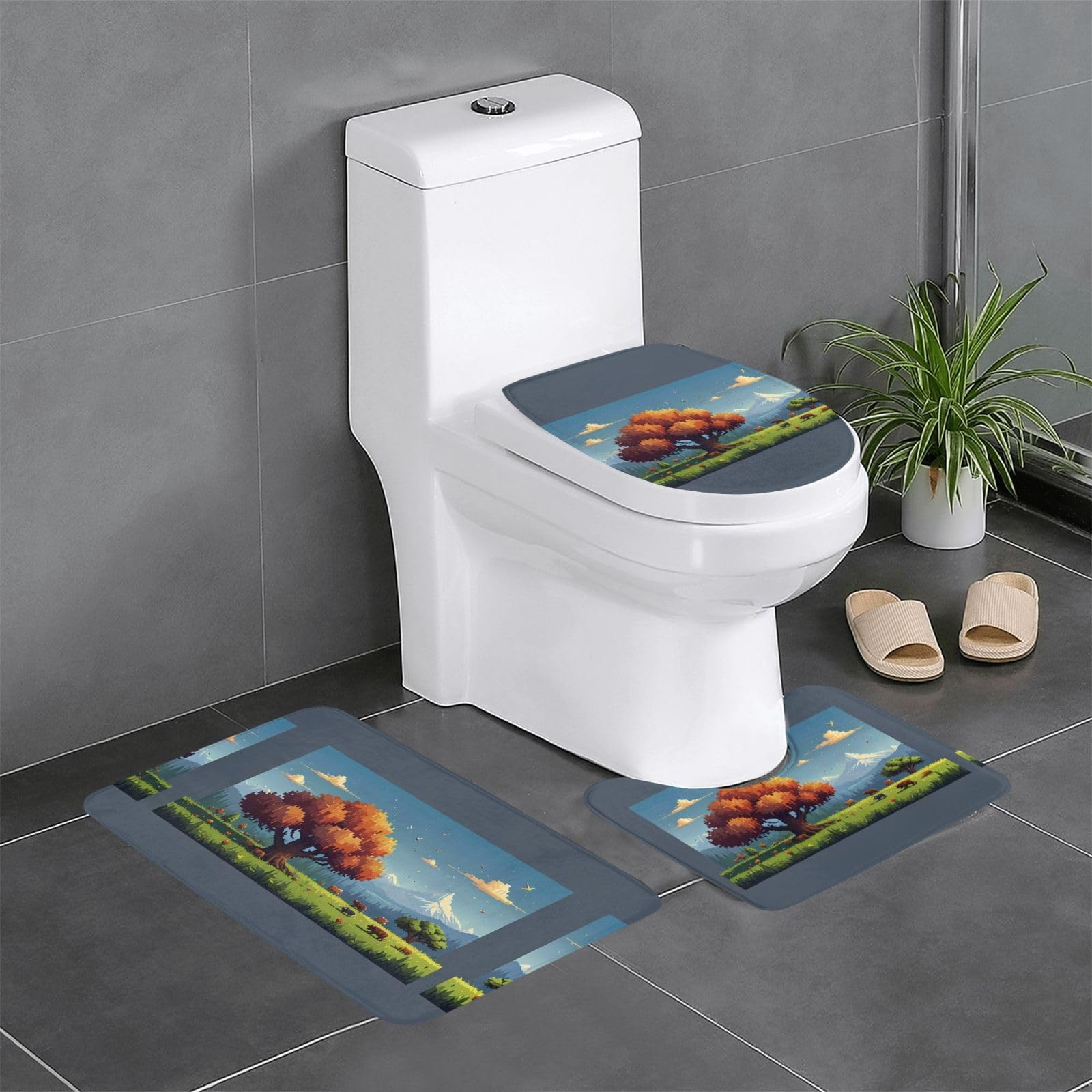 Tapis de bain pixel lavable avec paillasson absorbant et contour WC 3 pièces