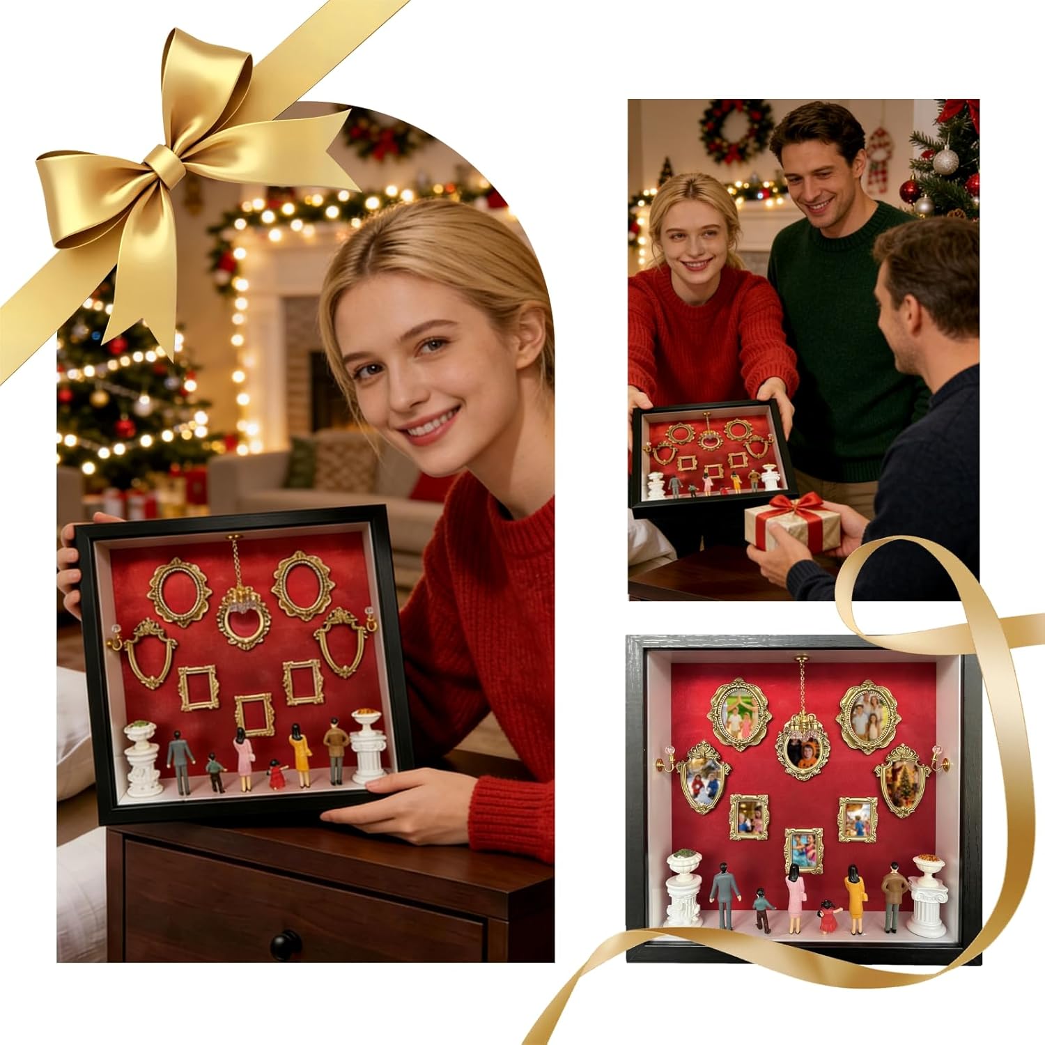 DIY Mini Museum Shadow Box - Family Memory Keepsake w/ Mini Figurines, Gift for Christmas, Mother's Day, Father's Day, Wedding Anniversary, 10.63x10.63 Vintage Red Velvet Wall Decor