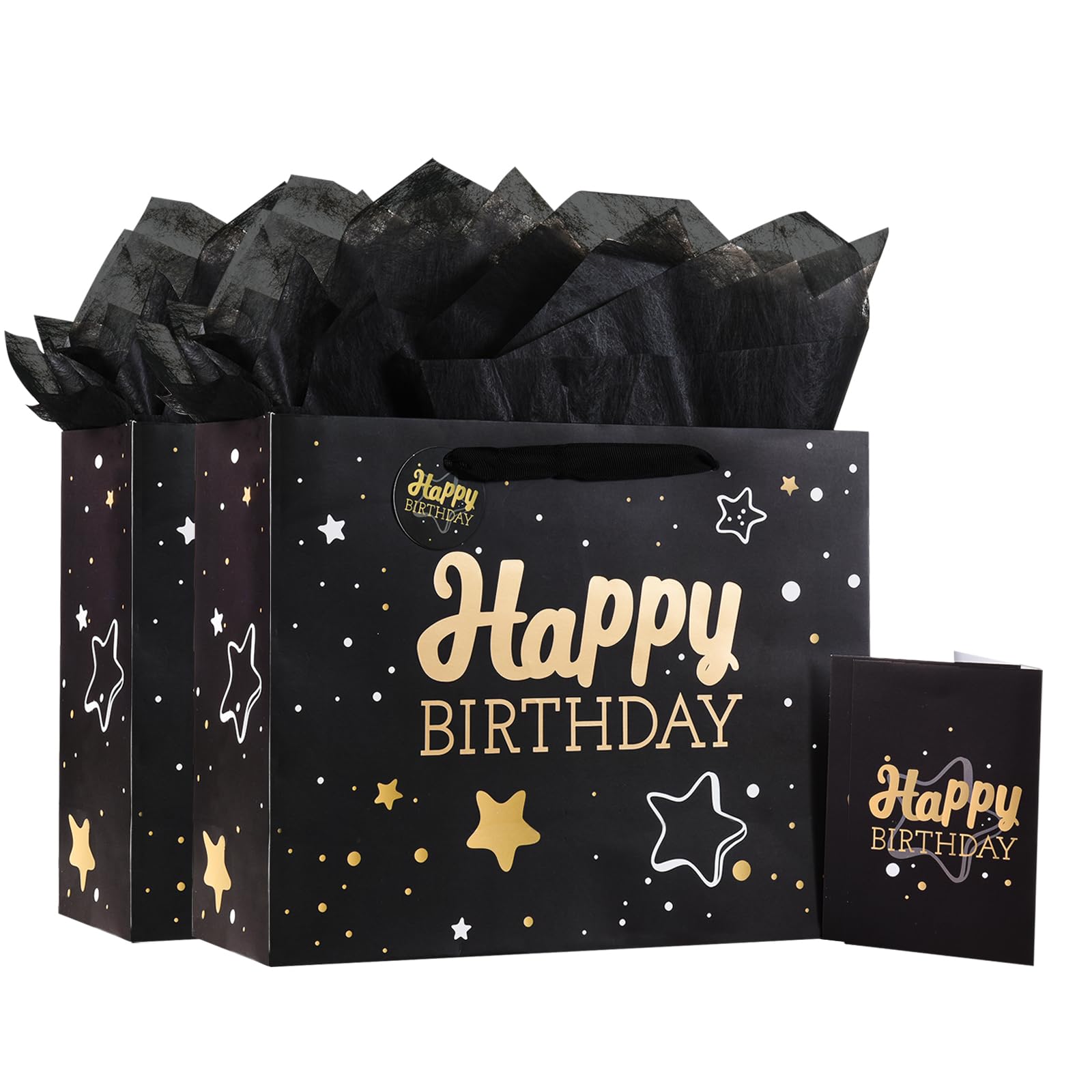 Powbrace 13" Birthday Gift Bag with Tissue Paper & Card(2 Pack Black Gold) | Foil Stamping Gift Bags, Starry Sky Gift Bags, Happy Birthday Gift Bag for Men Women,Gift Bag Medium size 2 PCS Black 2 Pack
