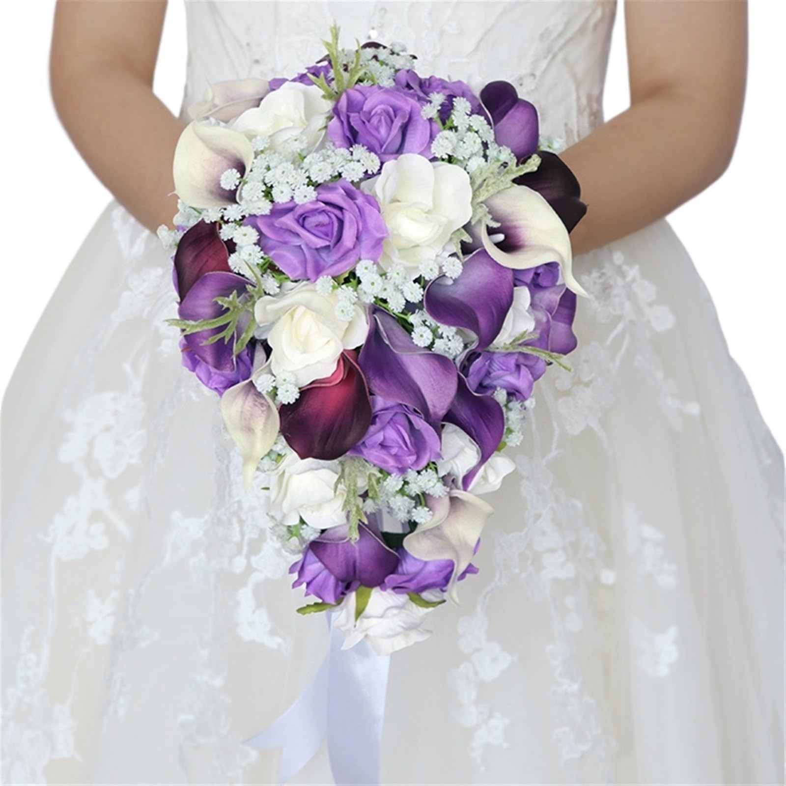 FRZXBKW 9.8" White & Purple Cascading Wedding Bouquet Fabric Rose Mix Artificial Flowers, Ivory Bridal Bouquet for Wedding Ceremony Anniversary, Bridal Shower, Party and French Rustic Vintage Wedding