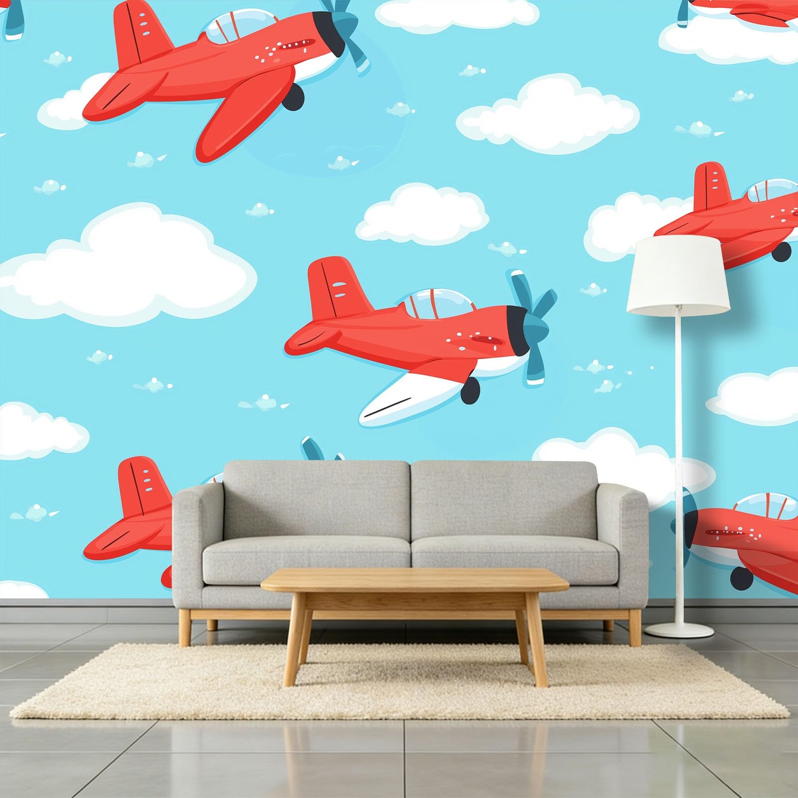 Générique Panoramiczna tapeta 200 x 140 cm Kreskówka Minimalistyczny samolot włóknina XXL fototapeta dekoracja ścienna gobelin salon sypialnia - tapeta Trompe l'eil efekt 3D, jasnoniebieska