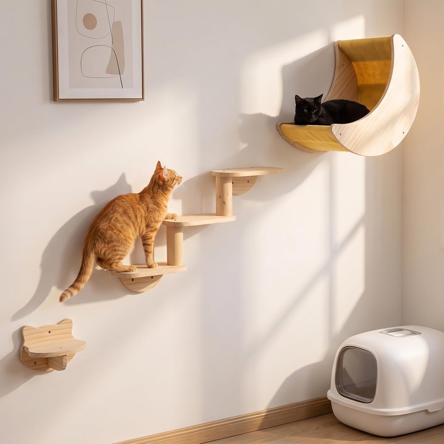 Cat Shelf for Wall Mount Hammock with 5-Levels Climbing Ladder Moon Cat Shelves and Perches for Activity Indoor Cats Wall Furniture(5-Levels Steps)