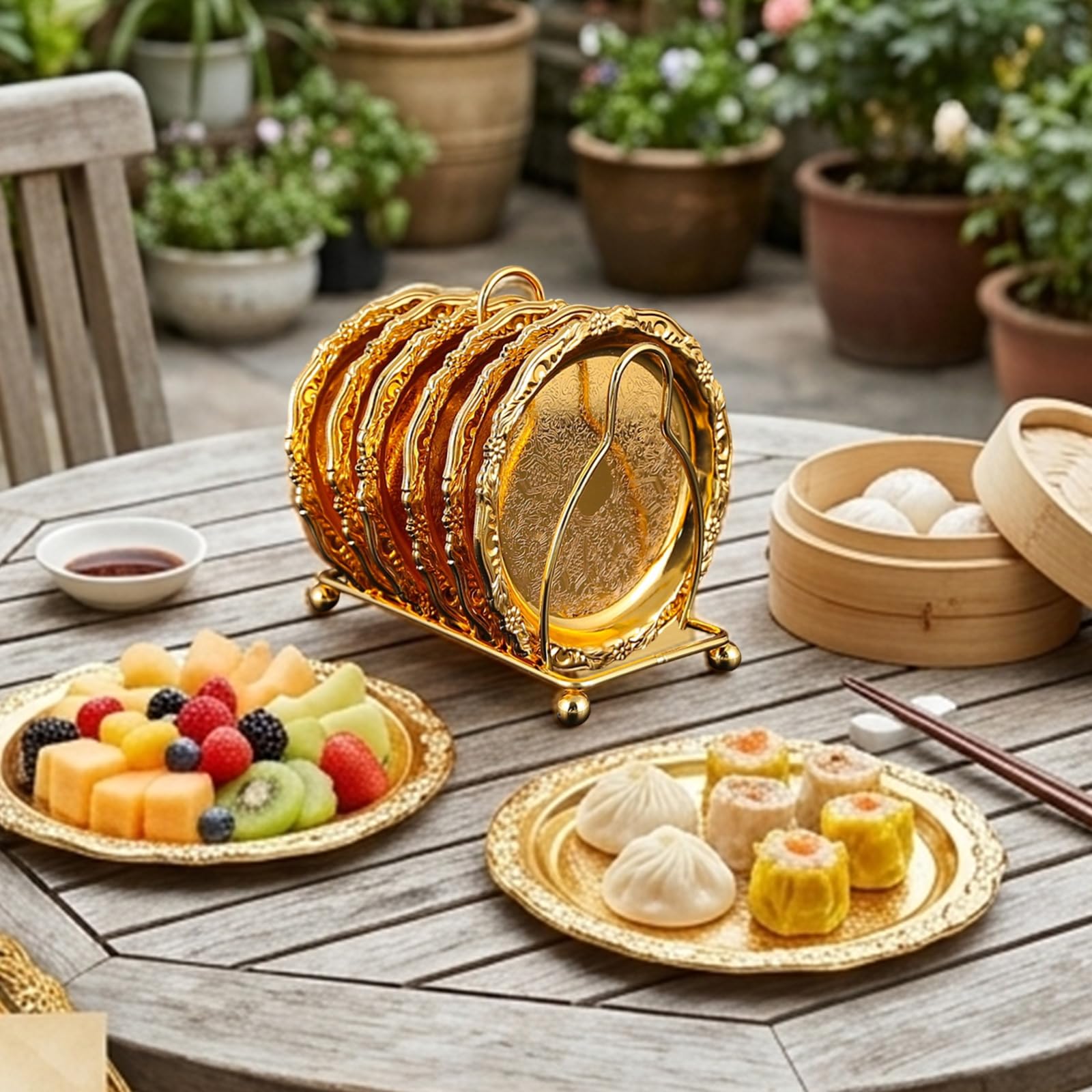 Juego de 6 elegantes platos de postre de aleación con soporte para frutas, aperitivos y bebidas de café, juego de platos de té de la tarde con bandeja para servir