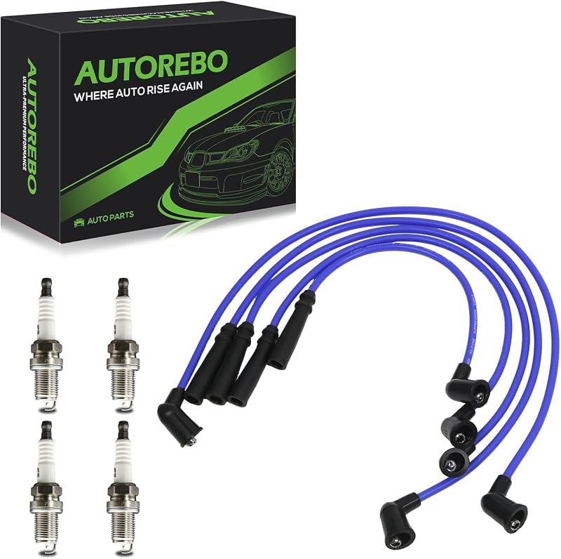 Kit de cabos de vela AUTOREBO com 4 velas de ignição de irídio para Nissan Axxess, D21, Pickup e Stanza 2.4L – 5 cabos e 4 velas