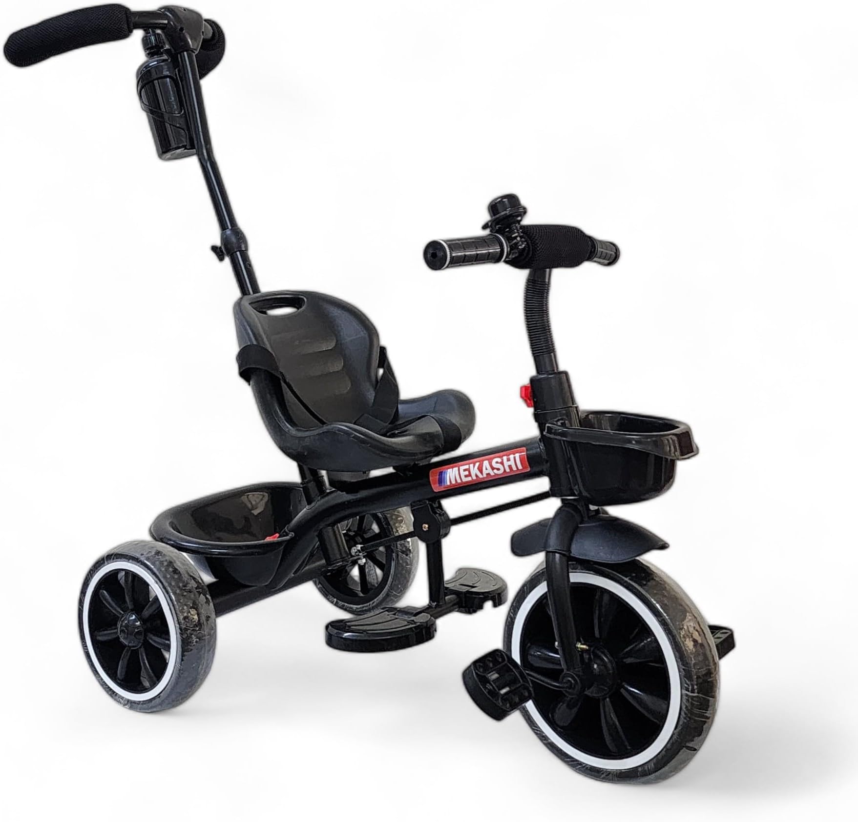 T-002RW Plug N Play Kids Trike/Baby Tricycle with Parental Control, Storage Basket, Bell, Water Bottle w/Holder, Seat Belt, 12 to 48 Months, Load Upto 35Kg, Heavy Guage Steel Frame, Black