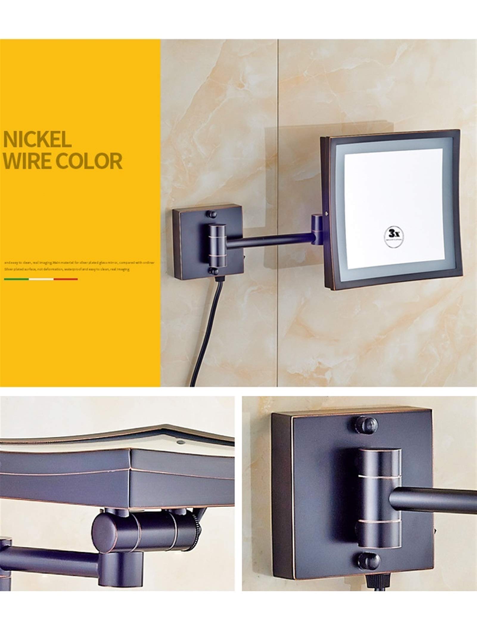 De Pared Iluminación LED Espejo de baño, Espejo de Maquillaje, Extensible de una Cara Espejo de baño, 3X Espejo de Aumento, para baño, Plaza,Black