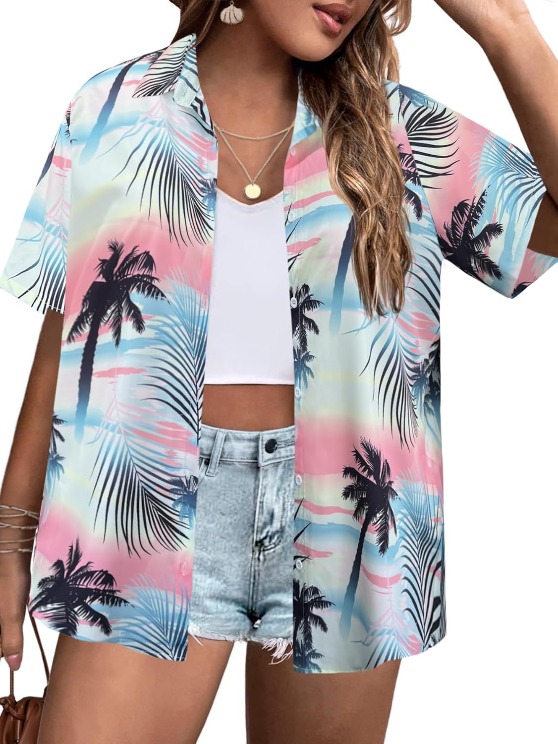 IN'VOLAND Women's Plus Size Hawaiian Shirts Short Sleeve Casual Floral Button Down Shirt Tropical Beach Blouse Summer Top