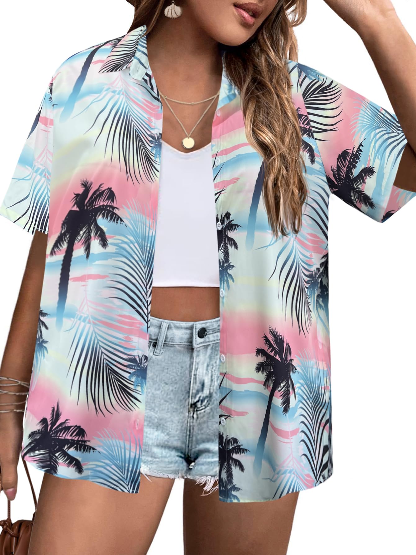 IN'VOLANDWomen's Plus Size Hawaiian Shirts Short Sleeve Casual Floral Button Down Shirt Tropical Beach Blouse Summer Top