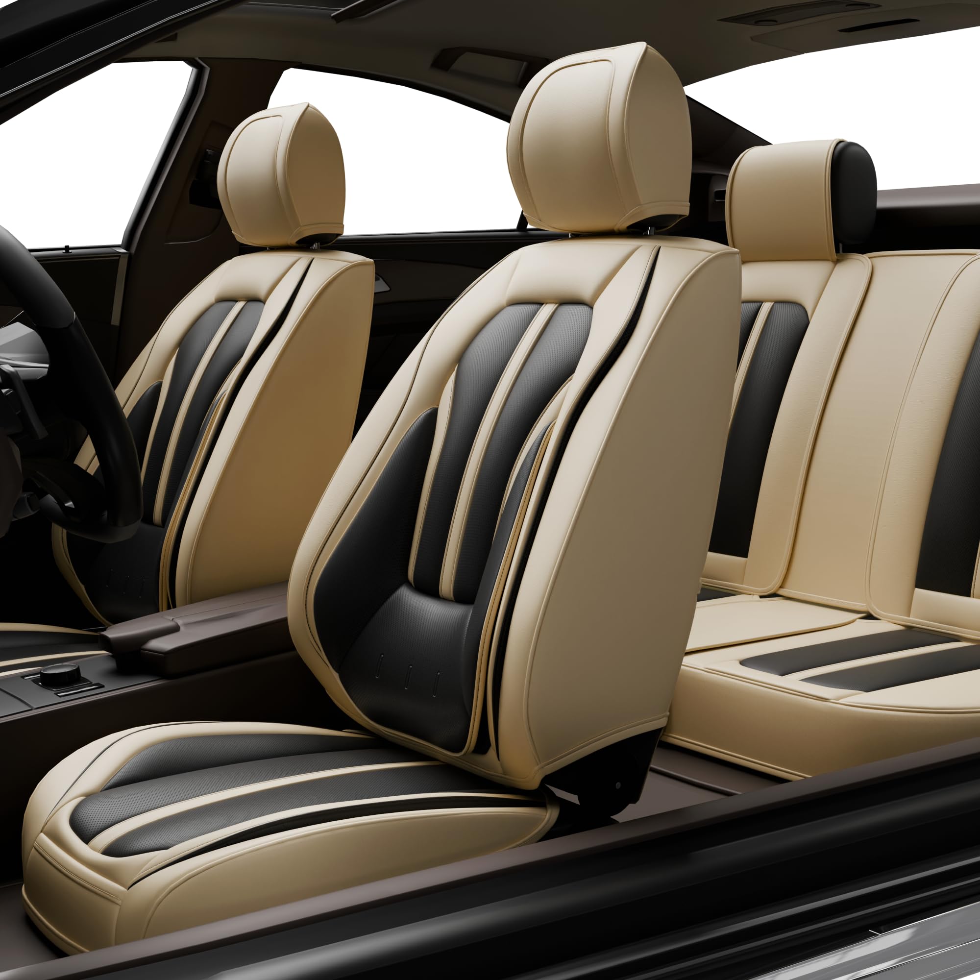 5pcs h7 front and back car seat covers auto interior accessories with water proof nappa leather for cars suv pick-up truck universal comfortable and breathable (full set, black&beige)