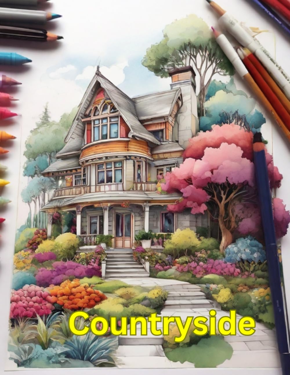 Countryside coloring Book Illustrations of Charming Country Kitchen, Garden, Town, and Much More.: Watercolour paints