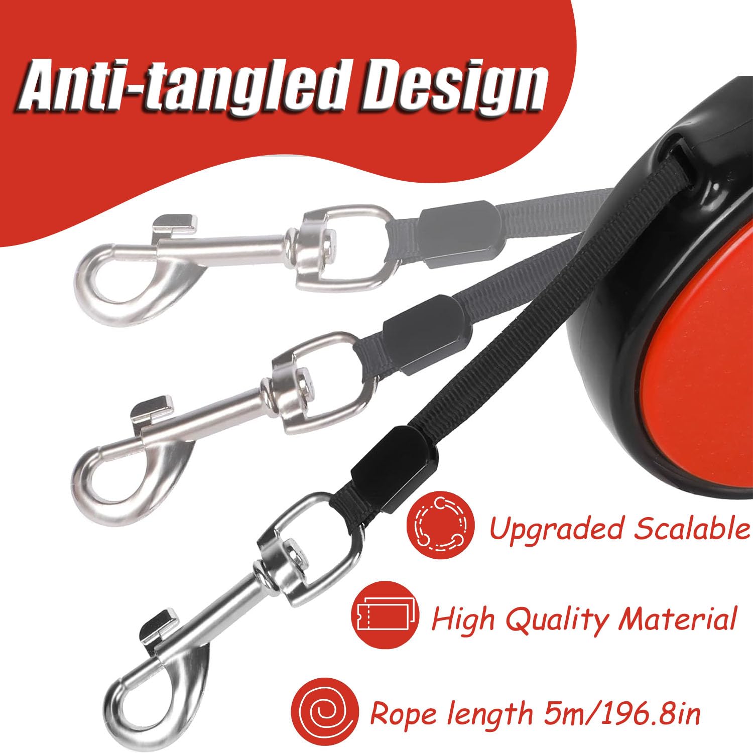 Retractable Dog Lead 5M/16FT Extendable Dog Lead with Strong Nylon Tape 360° Tangle-Free One-Handed Brake Anti-Slip Handle for Small Medium Dogs (RED) - Image 3