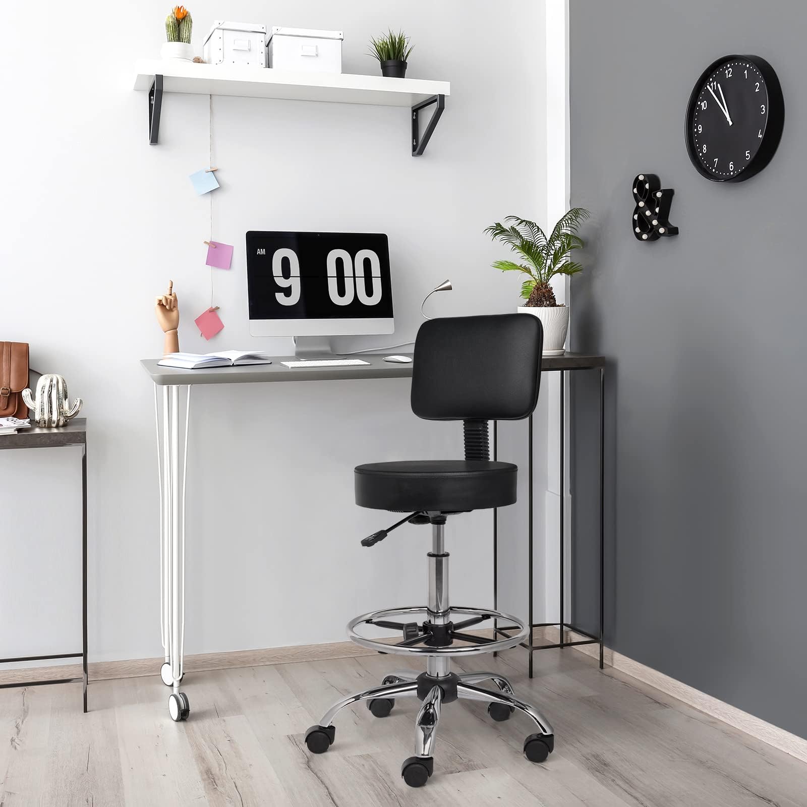 Bonnlo Taburete con Ruedas Ajustable en Altura 60-72cm con Respaldo Desmontable, Taburete de Trabajo Giratorio 360°, Soporta hasta 136 kg. Taburete de Oficina para Oficina/Salón/Bar, Color Negro