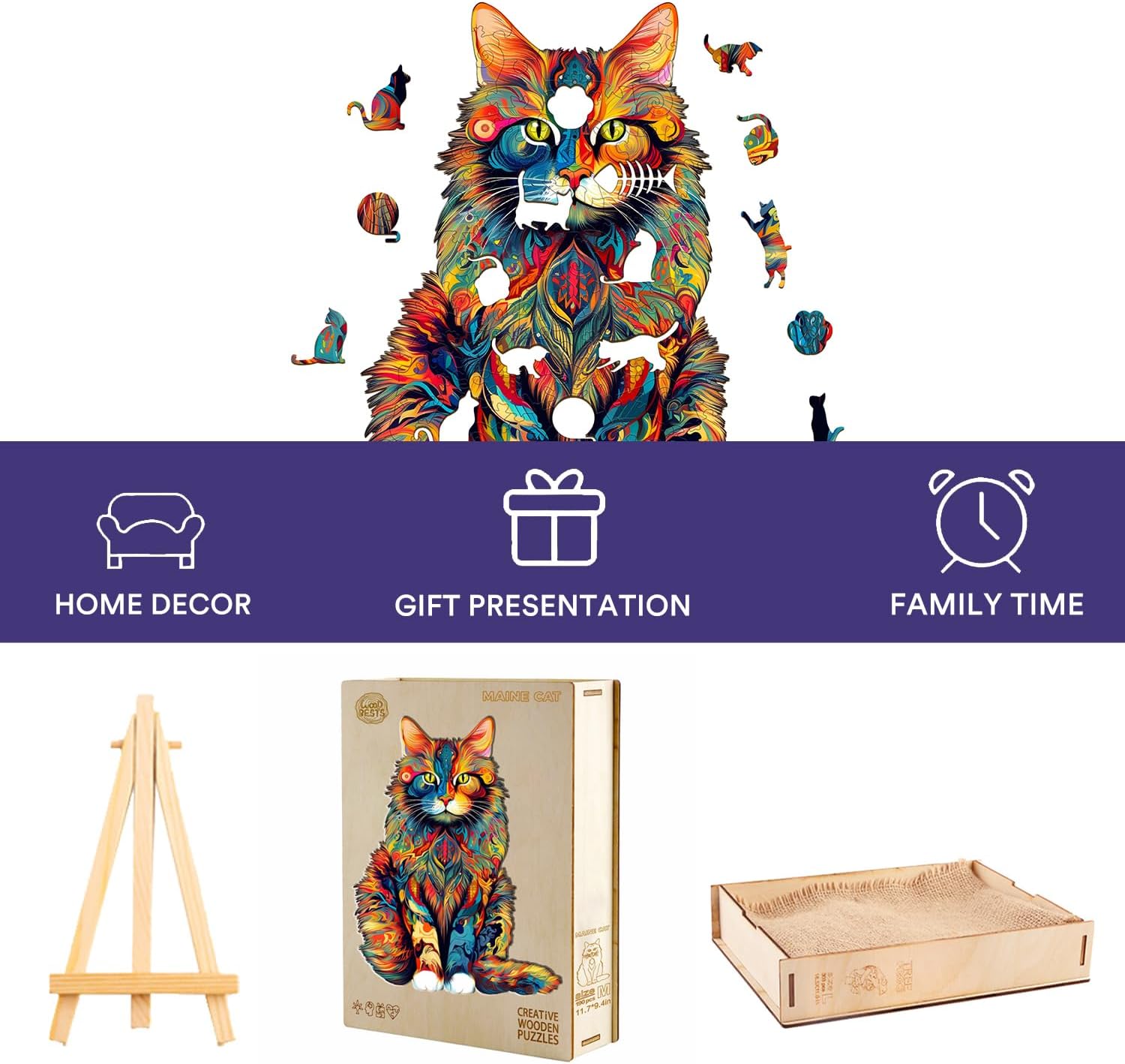 Jigfoxy Wooden Puzzles for Adults, Cat Wood Puzzle for Adult, Unique Animal Shape Puzzles, Challenging Jigsaw Puzzle, Christmas Thanksgiving Gifts for Friends Family(L-16.5 * 13.2in-300Pcs)