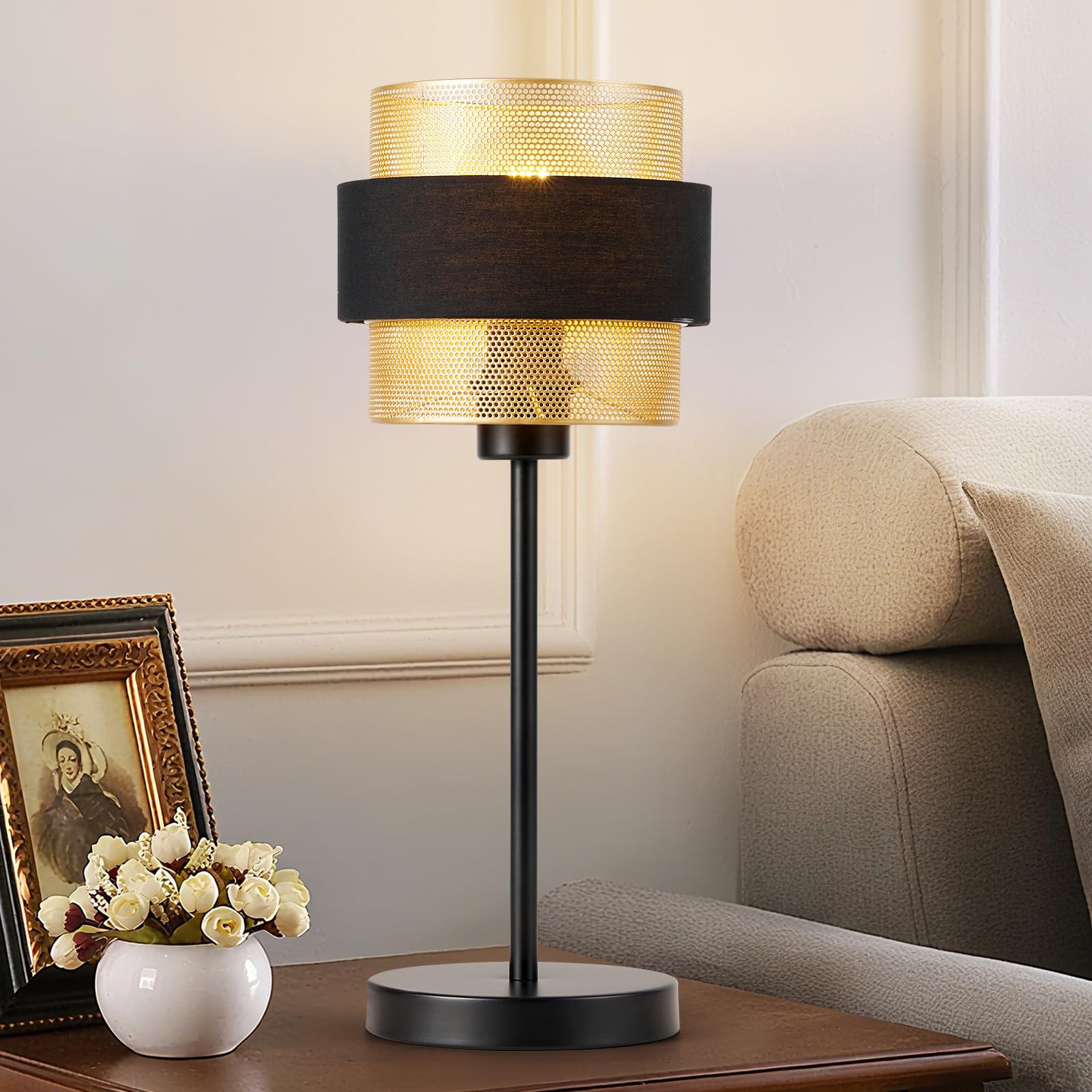 Harper Living Black & Gold Table Lamp, Fabric & Metal Mesh Two-Layer Shade Desk Lamp