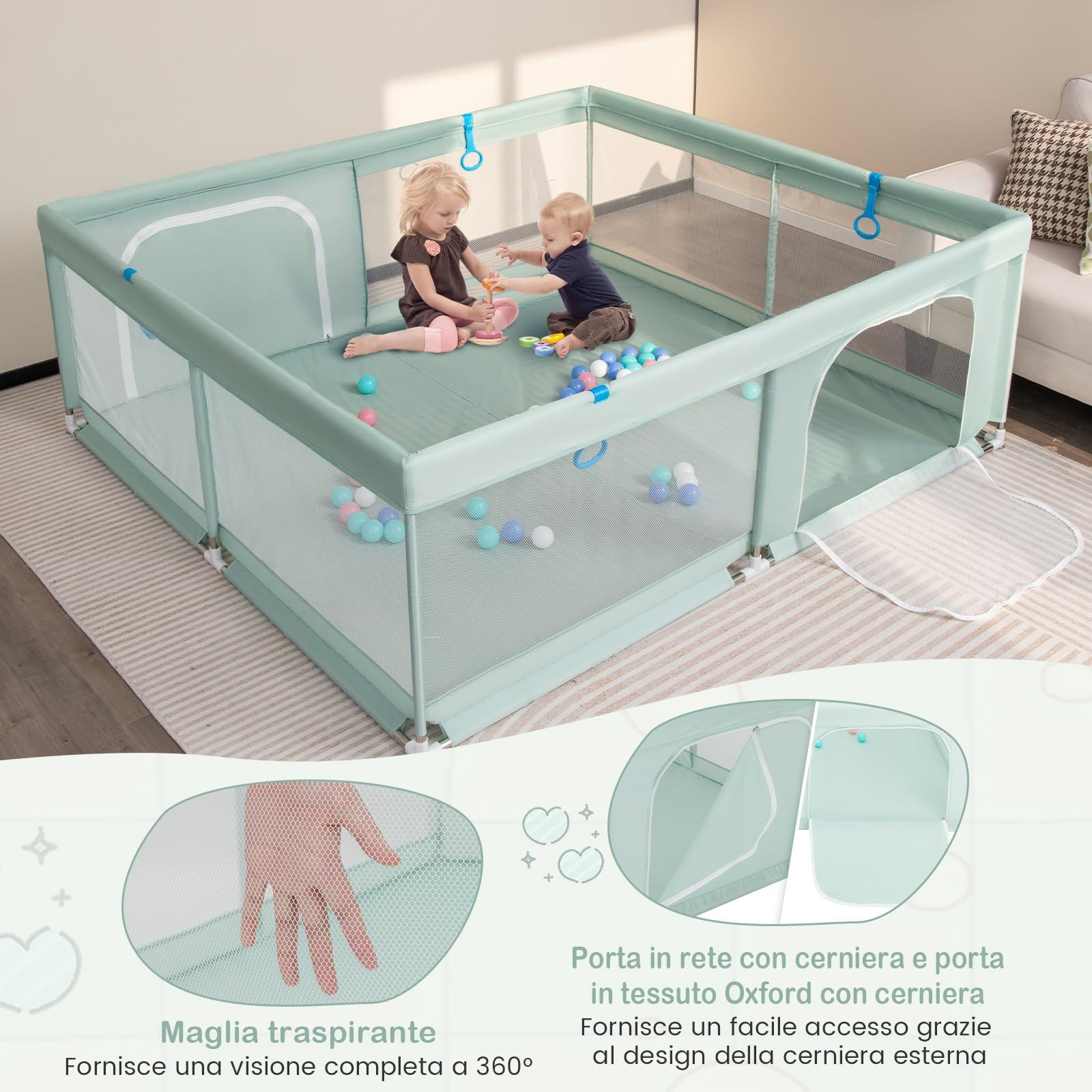 RELAX4LIFE Box Recinto per Bambini, Centro di Attività per Bambini dai 6 Mesi ai 3 Anni (200x180cm, C: 50 Palline+4 Anelli,VERDE)
