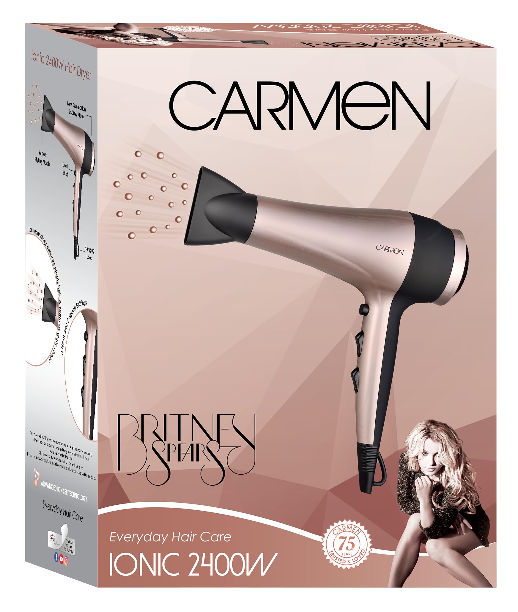 Carmen Britney Spears SEL-5167 Ionic 2400W Hair Dryer, Rose Gold