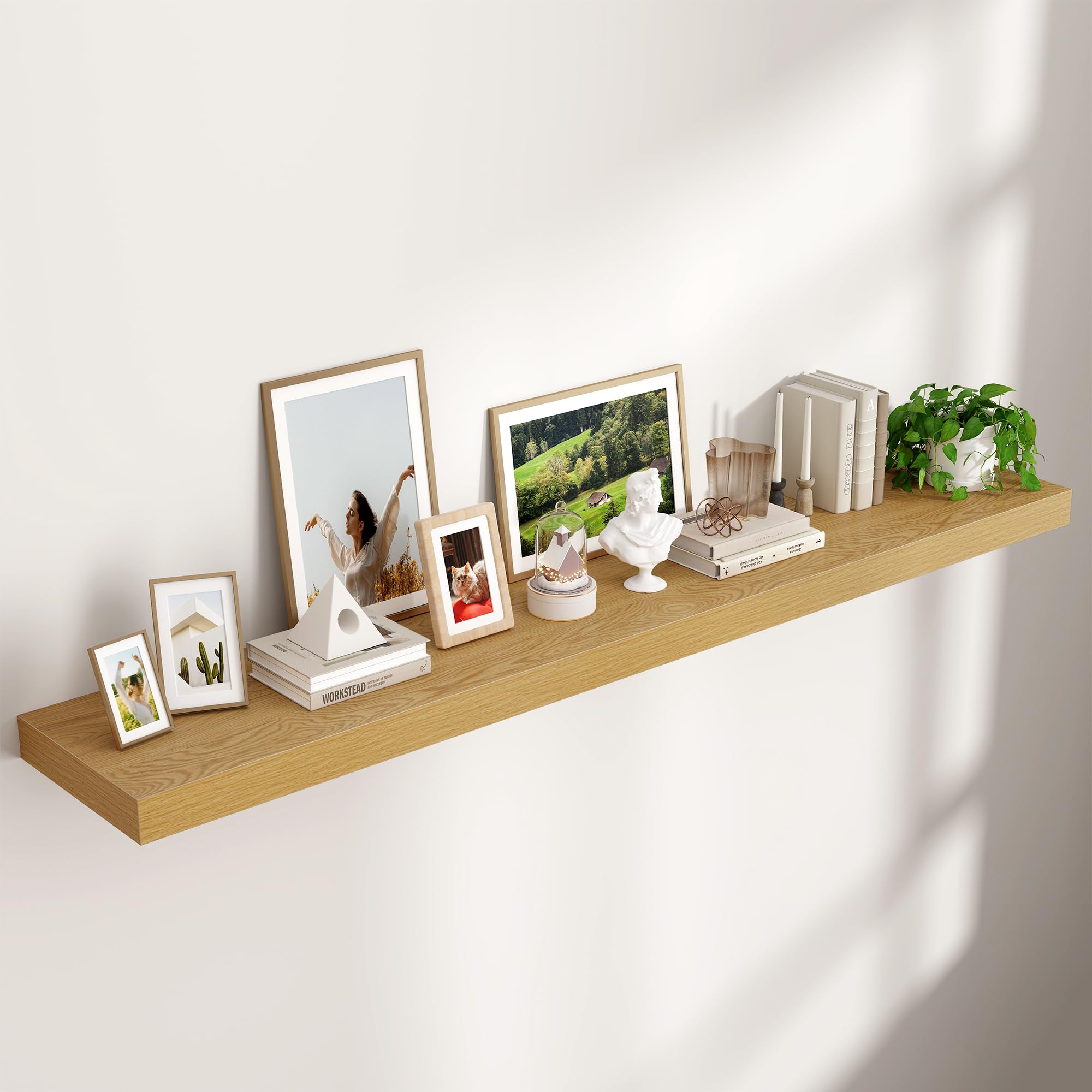 large floating shelves for wall, 72" w x 11.6" d x 2" h, 1 pack of long wall mounted engineered wood shelves with invisible brackets for living room bedroom bathroom kitchen decor, oak