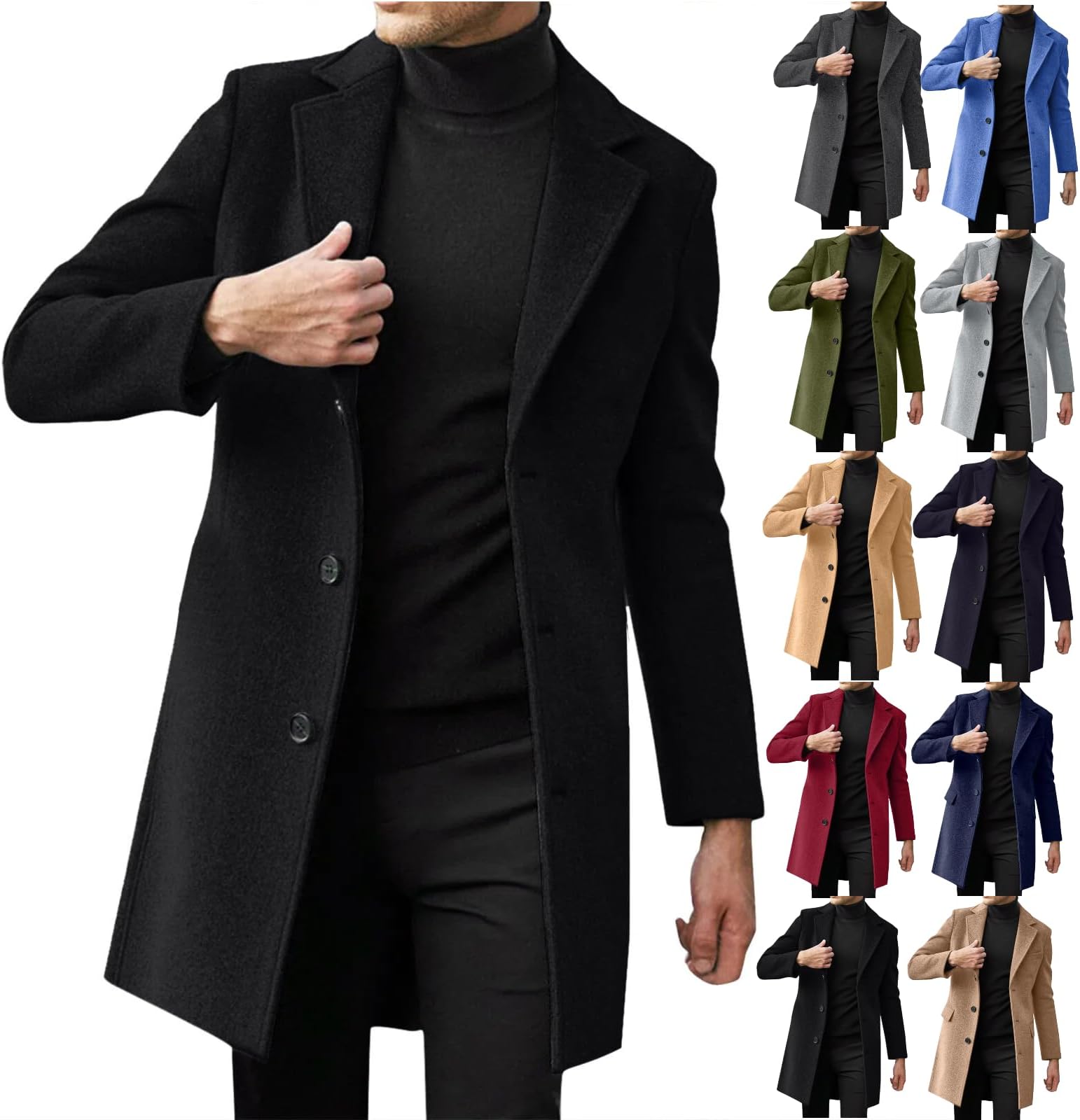 Trench Coat Men 2025 Winter Warm Slim Fit Notch Lapel Single Breasted Wool Blend Pea Coats Business Casual Overcoat