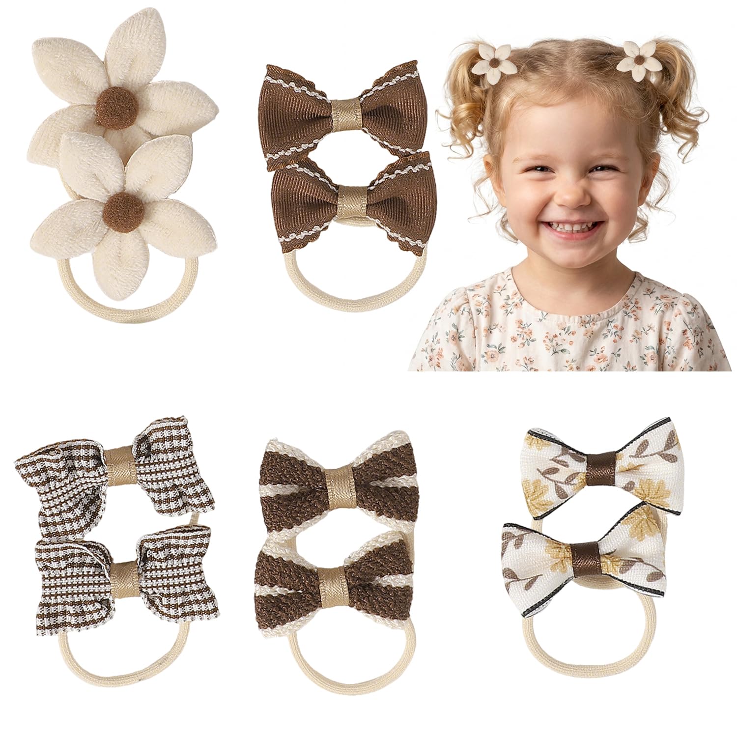 10 Pcs Baby Hair Bands, Bow Toddler Hair Bobbles Soft Baby Hair Ties Elastic Girls Ponytail Holders for Girl Kids Toddlers Infants (Brown)