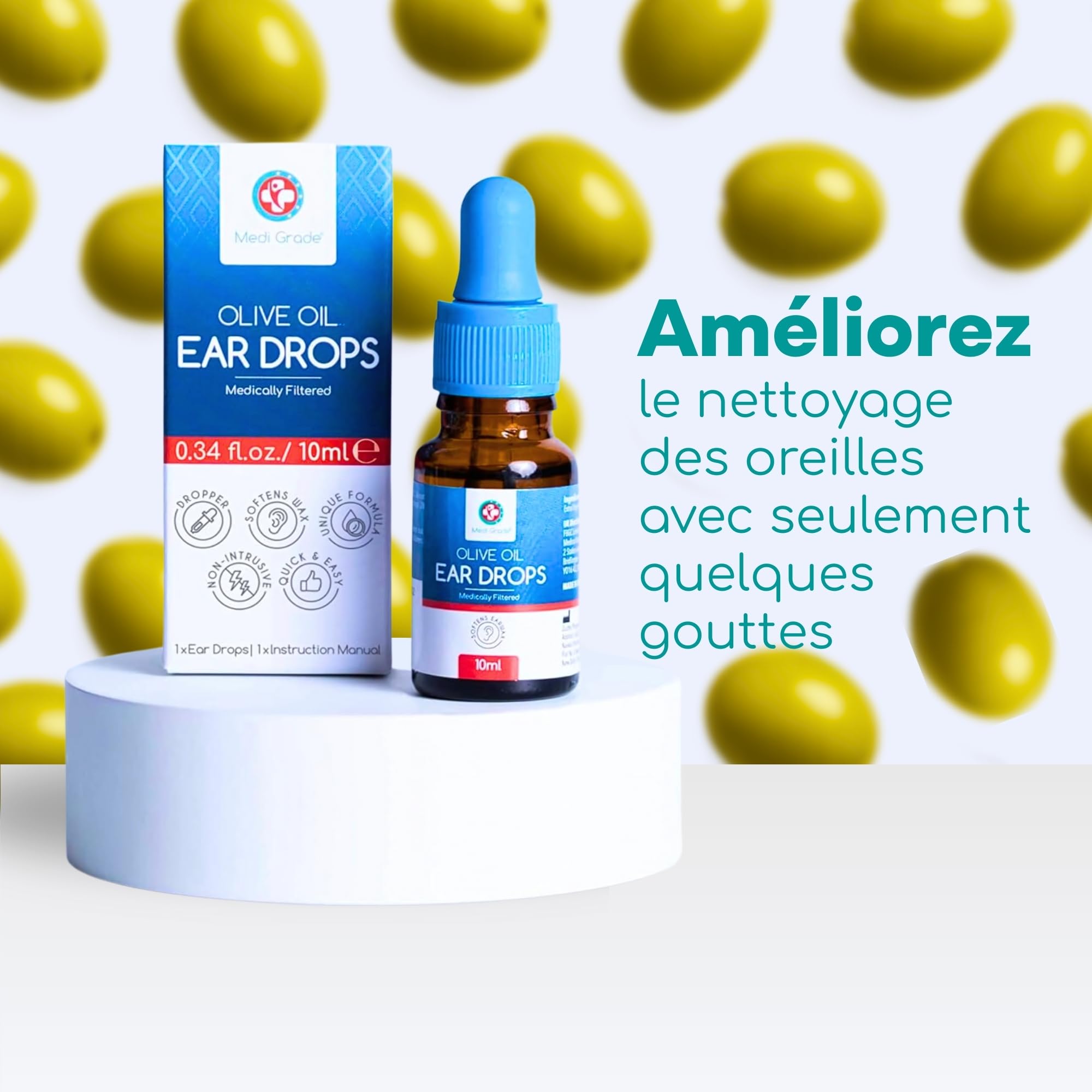 Medi Grade Gouttes Oreilles Huile d'Olive 100% Pure Qualité Médicale Flacon Compte Gouttes10 mL - Fluidifie Élimine Cerumen Oreille - Gouttes Auriculaires Efficaces - Soulagement Rapide