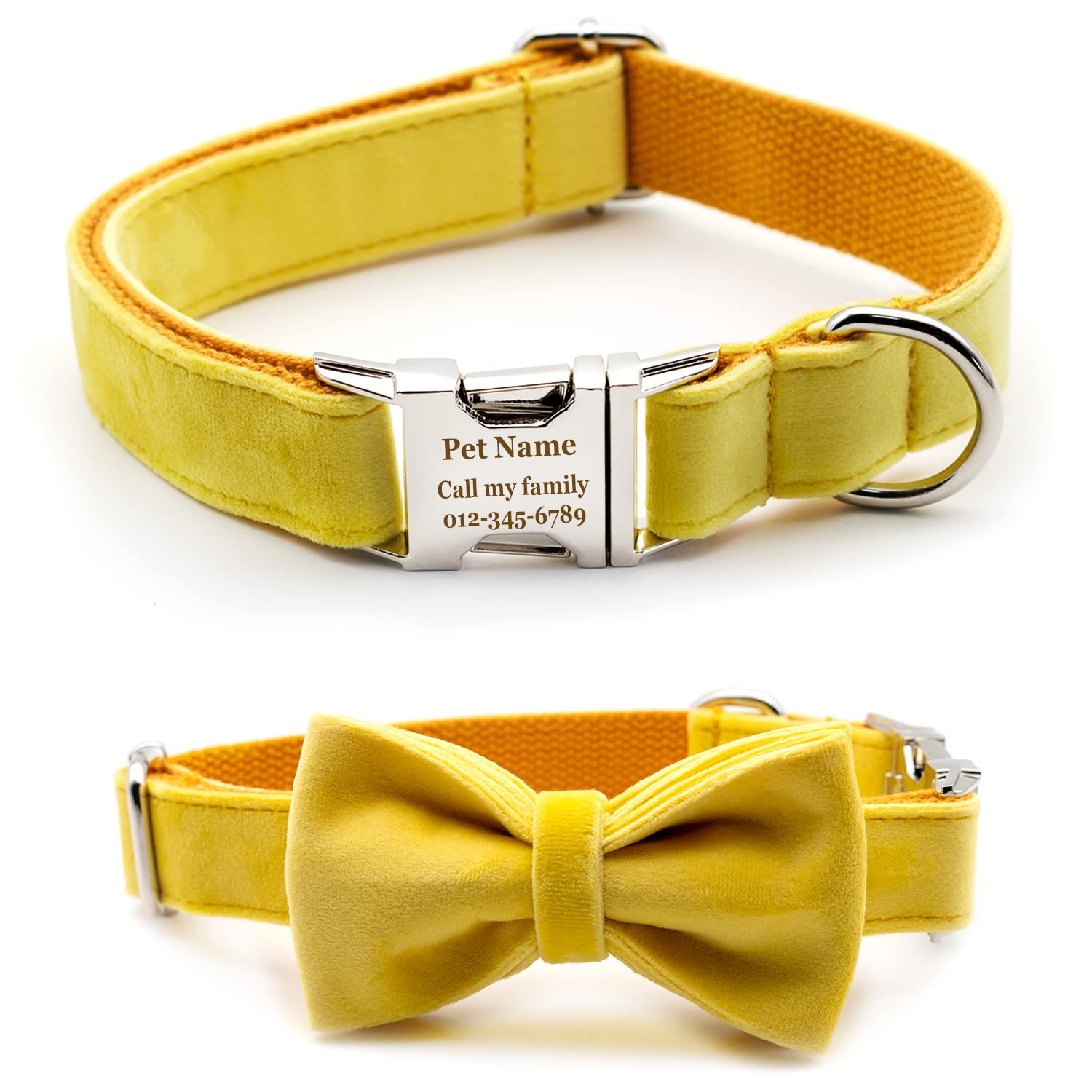 Personalized Dog Collar with Bowtie, Engraved Collar with Customized Text for Large Medium Small Dogs Think Velvet Style (Thick Yellow Velvet)