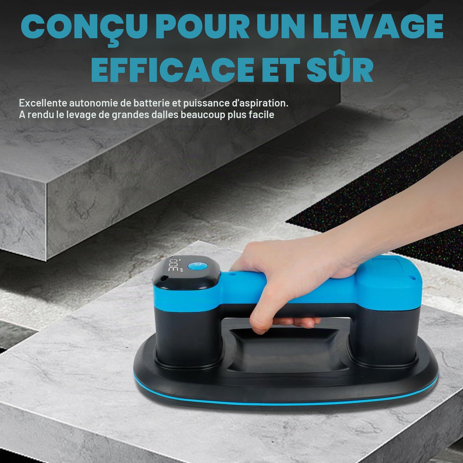 Ventouse électrique, ventouse à batterie 24 x 16 cm, lève-vitre avec puissance d'aspiration de 300 kg, batterie 4500 mAh, écran LCD pour verre, carrelage, marbre