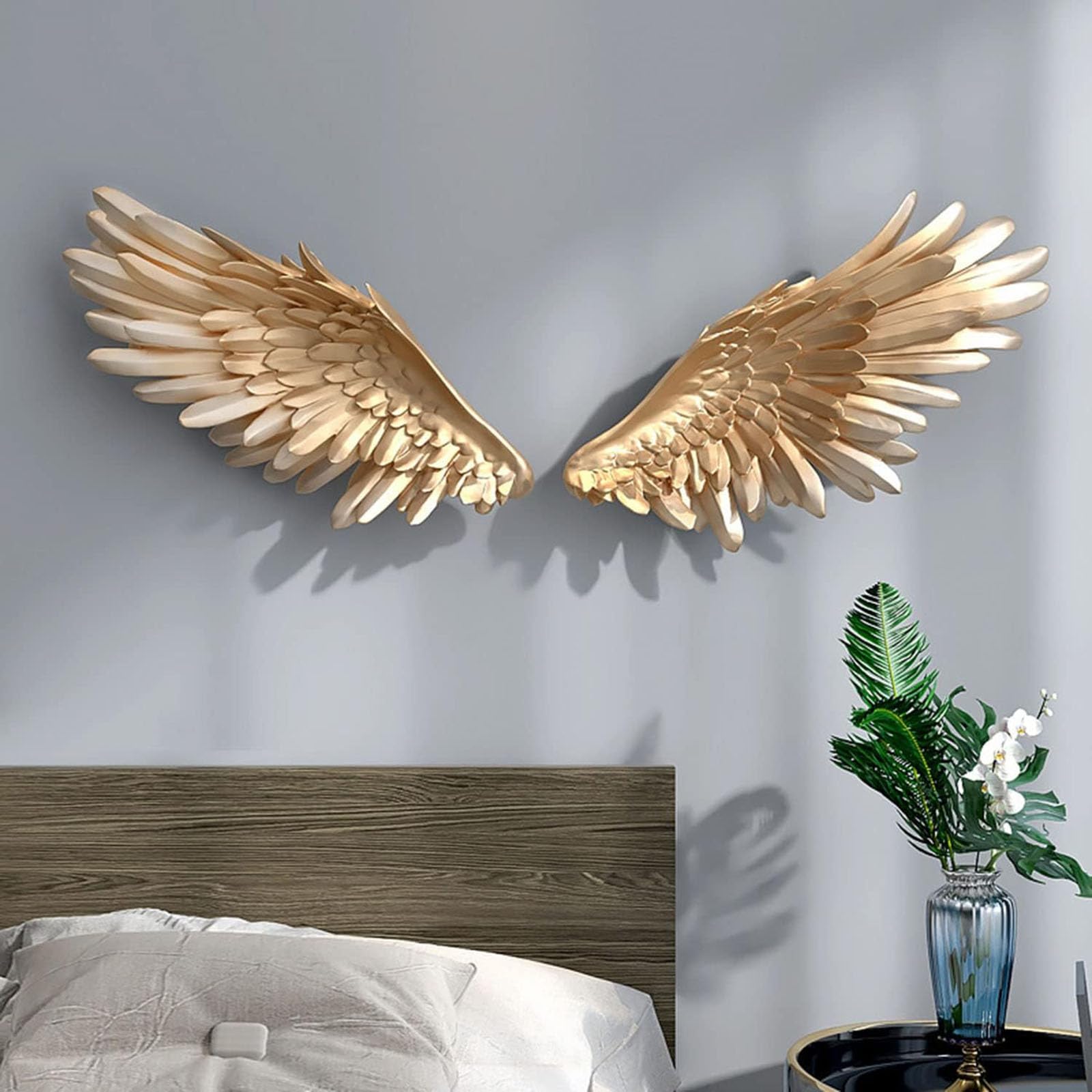 ZWESKUX Angel Wings Wall Art, A Pair of Large Angel Wings, Modern 3D FRP Angel Wings Wall Sculpture, for Living Room, Bedroom and Hotel Decoration,Gold