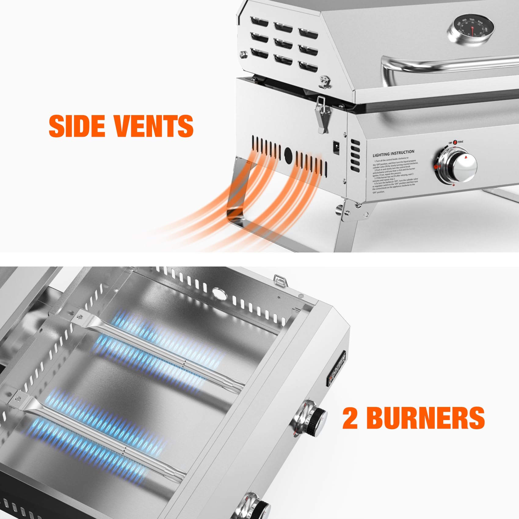 onlyfire Barbecue à Gaz 2 Brûleurs en Acier Inoxydable, Barbecue de Table avec Couvercle et Plaque de Gril en Céramique, Zone de Cuisson 45,8x36CM, pour Camping et l' Extérieur