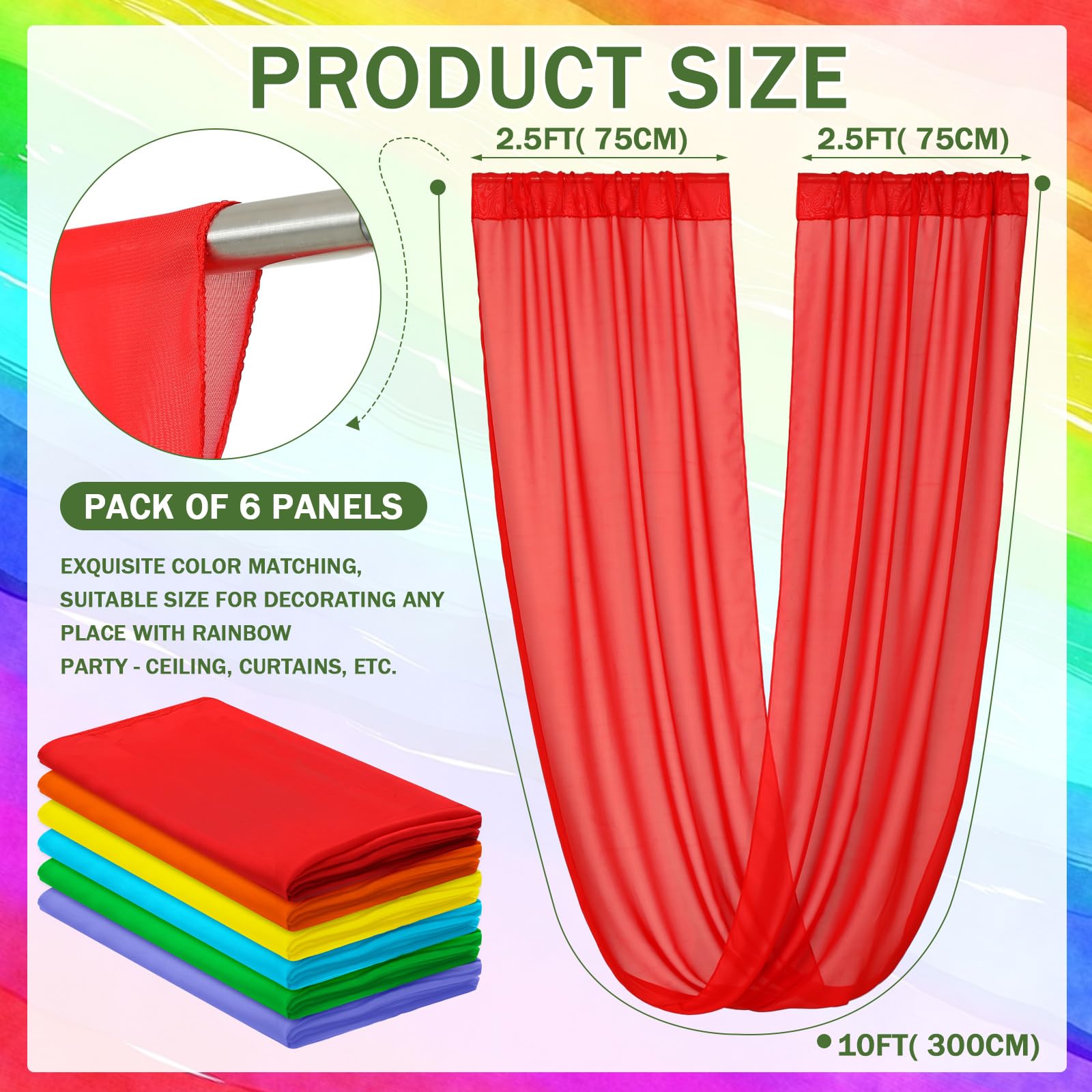 SmoothNovelty 6 Pcs Rainbow Ceiling Drapes Hanging Kit 2.5 x 10 ft Long Colorful Chiffon Sheer Curtains School Classroom Decoration for Playroom Wedding Ceremony Party Home Indoor Decor
