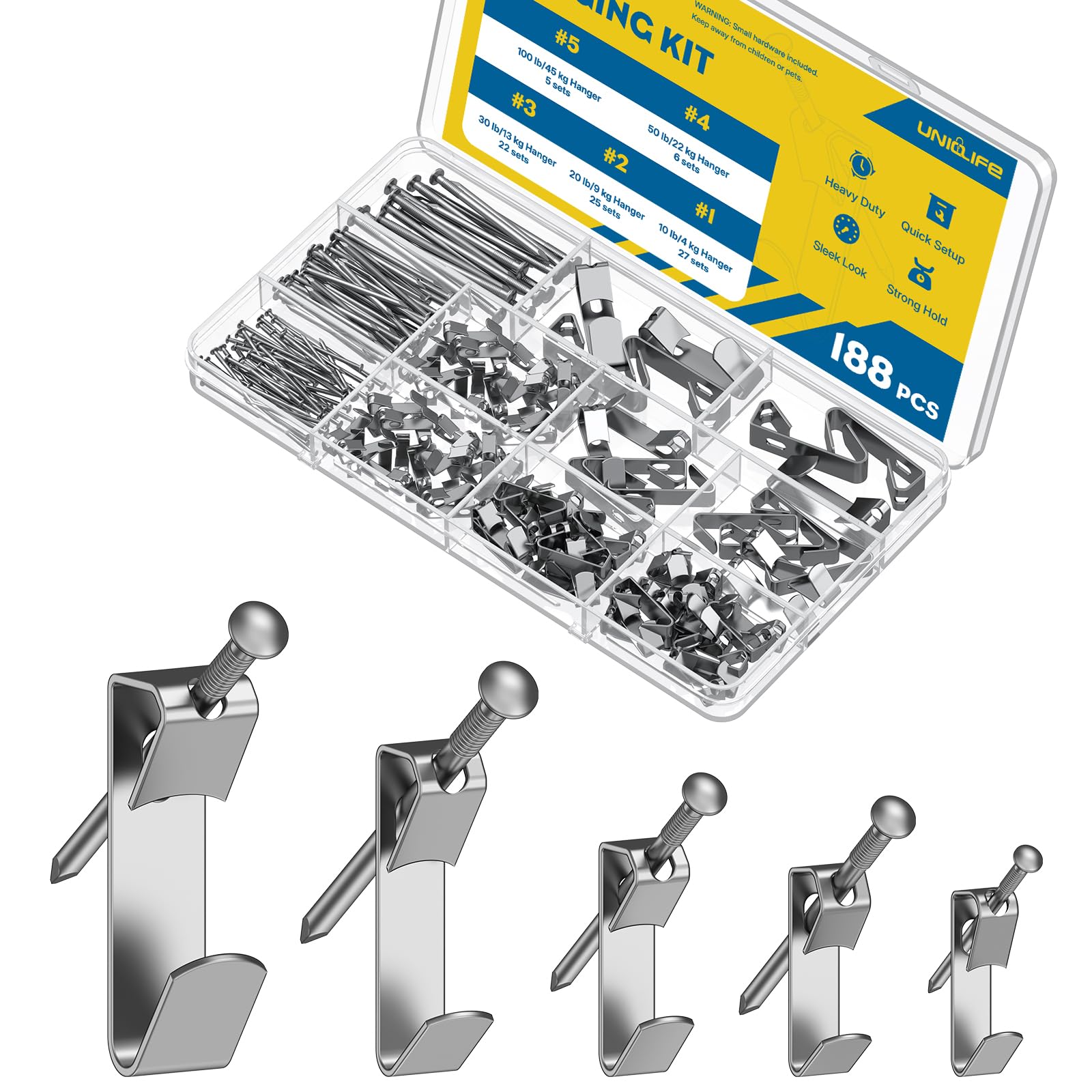 Uniclife 188 Pcs Picture Hanging Kit, 4 kg, 9 kg, 13 kg, 22 kg, 45 kg Heavy Duty Picture Hangers for Drywall & Wood, Picture Hanging Hooks, Frame Hooks for Hanging Photos Mirrors Paintings, Silver — image 1