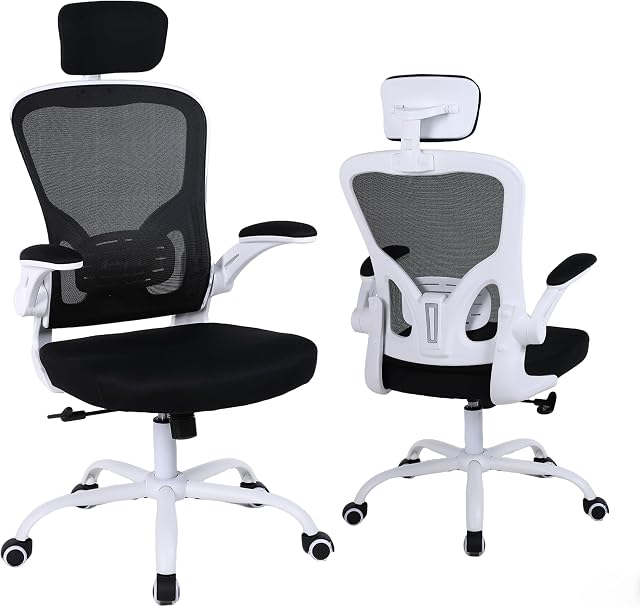 Flysky Ergonomic Office Chair - Breathable Mesh Lumbar Back Support | Desk Chairs with Headrest and Flip-up Arms, Adjustable Height Executive Rolling Chair, Swivel Computer Chair, Task Chair
