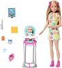 Barbie Skipper Doll and Play Set with Barbie Accessories, mealtime themed babysitting set, color changing toy, HTK35