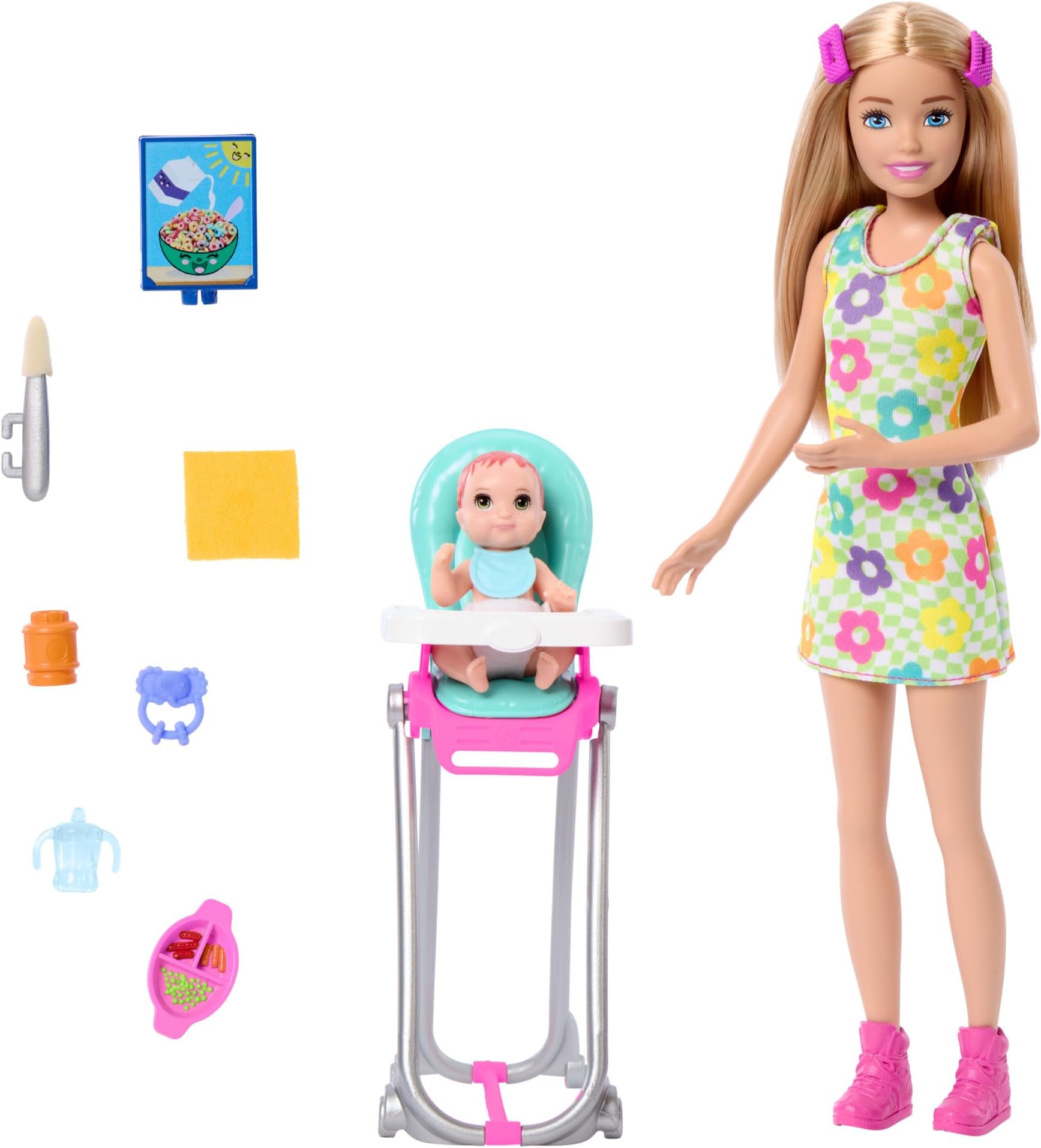 Barbie Skipper Doll & Playset with Accessories, Babysitting Set Themed to Mealtime, Color-change Toy Play, HTK35