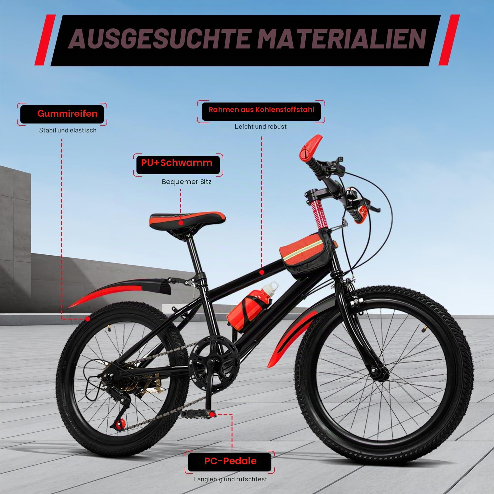 20 Zoll Mountainbike, 7-Gang Fahrrad Kohlenstoffstahl Rahmen, Höhenverstellbar mit Klemmbremse und Haltebremse, Fahrräder mit Wasserbecher-Halter und Kompass-Glocke für Sport Pendeln