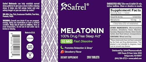 Miniatura 4 de Safrel Melatonina 10 mg - 200 tabletas de disolución rápida sabor fresa fórmula de absorción altamente potente, sin OMG, sin gluten, vegano
