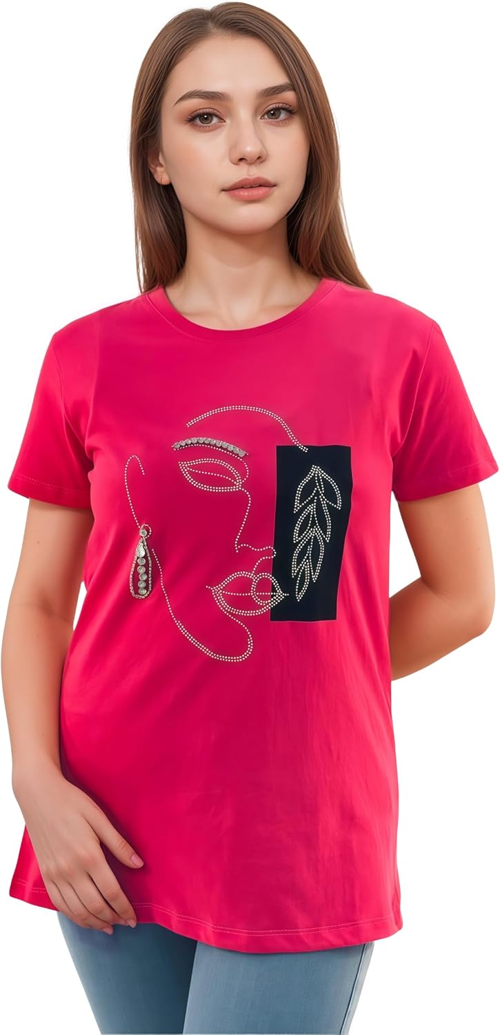 JOANNA W203011 Women's Lady Face Print Round Neck Short Sleeve T-Shirt