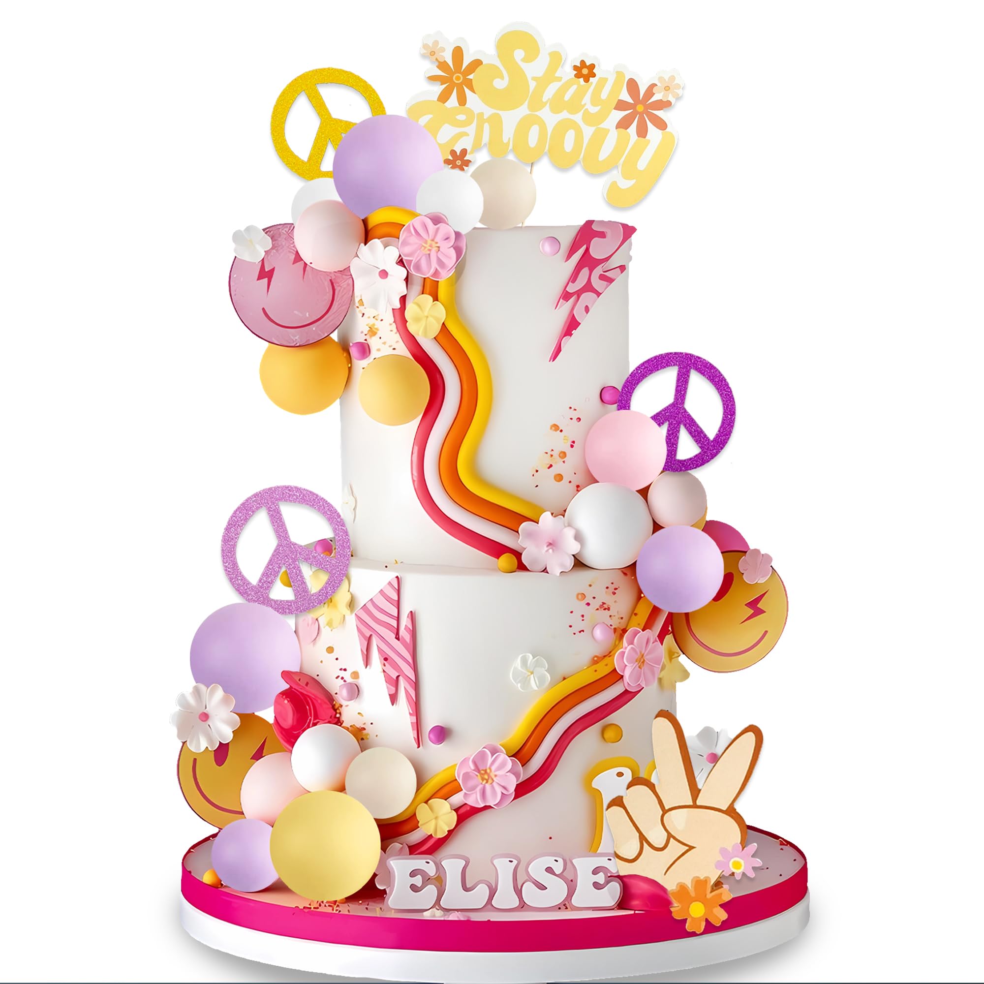 Groovy Cake Toppers Retro Boho - Gänseblümchen & Regenbogen Tortendekoration Für Geburtstagsparty