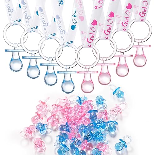 Collar con 24 chupetes para baby shower, 30 mini chupetes acrílicos con dijes para revelación de género, decoraciones de fiesta (rosa y azul)
