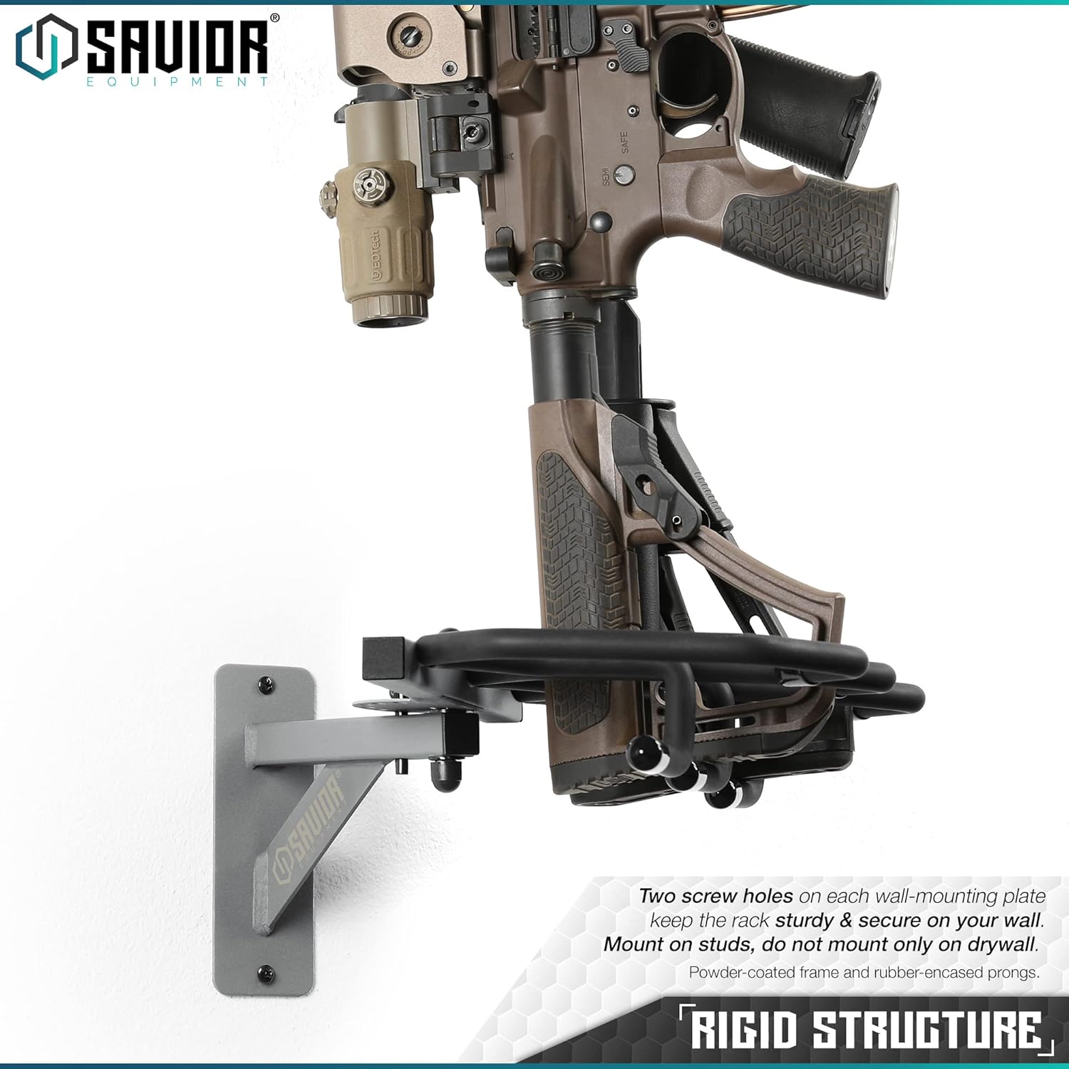 Savior Equipment Wall-Mount Rifle Rack Tactical Shotgun Carbine Firearm Free-Standing Gun Display Indoor Storage Rack - Heavy Duty Steel, Wide Angle Adjustment, 3-Slot Holds up to 75 Lbs