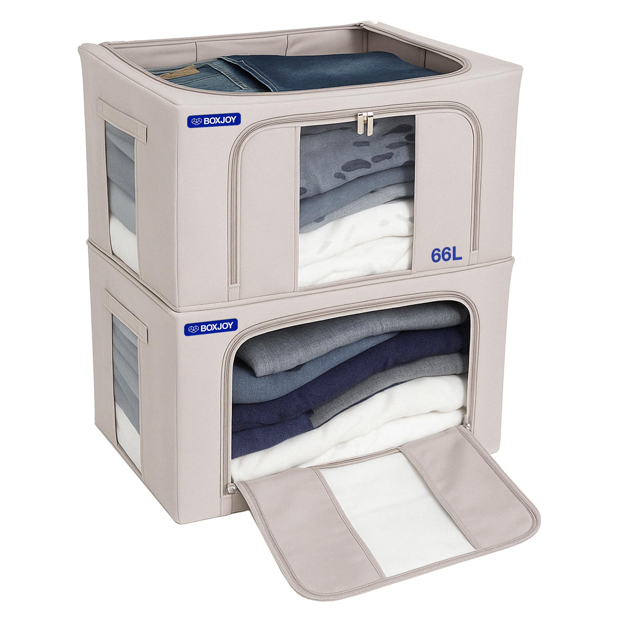BOXJOY Foldable Steel Frame 66L Pack of 2 Premium Polyester Cotton Clothes Storage Organiser Box with Front & Top Zipper Wardrobe Closet Basket with Clear Window for Cloth Cupboard, Almirah Shelves