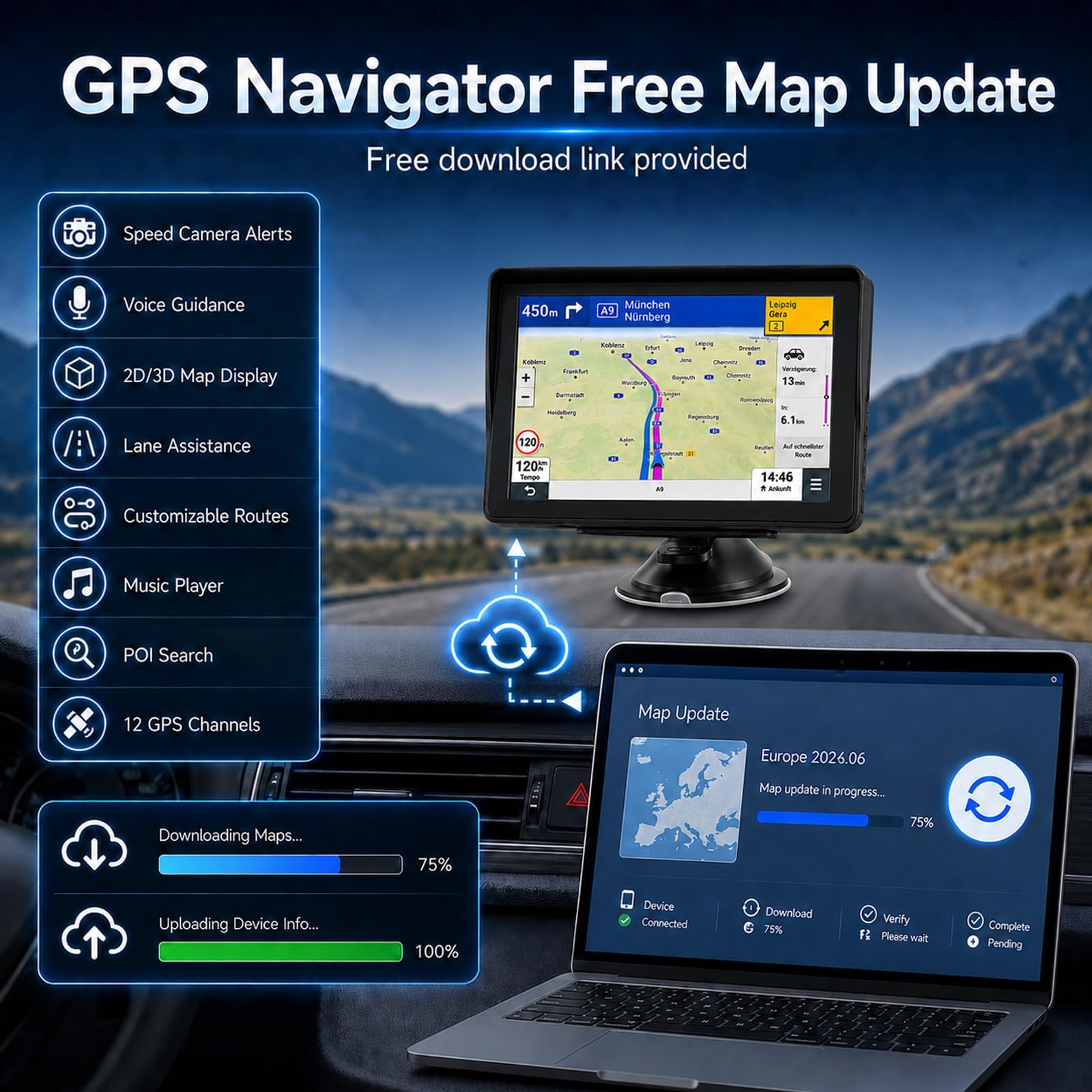 7" Navigationsgerät für Auto & LKW, Radarwarner, Kartenupdate | LKW-Routen zur Brückenvermeidung; 12 GPS-Kanäle für starkes Signal; Radarwarner; 7" HD-Display; Inklusive Anleitung