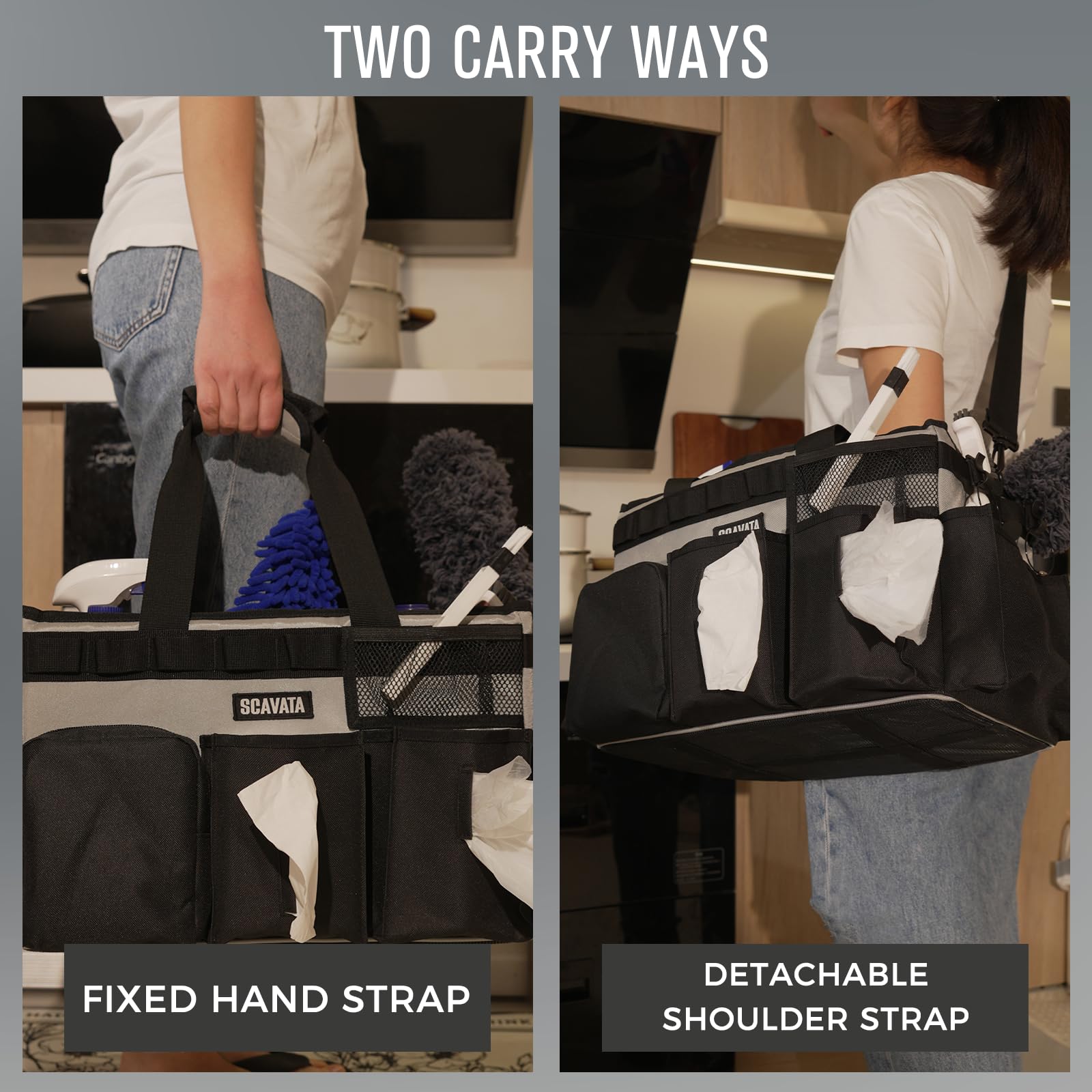 SCAVATA Cesta de Limpieza portátil, Organizador de Suministros con asa y Tirantes para Mujeres de Limpieza, Debajo del Fregadero y el Coche, con 4 separadores Plegables (Negro Gris)