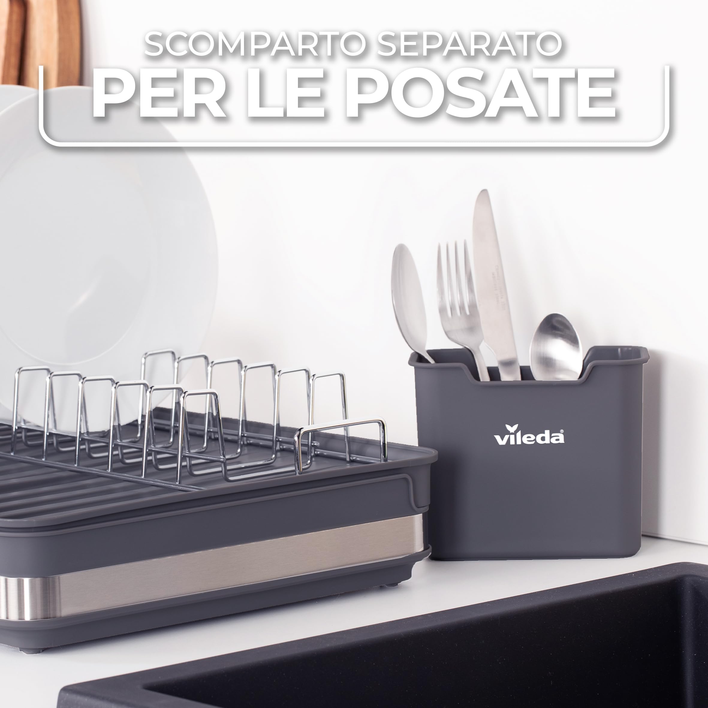 Vileda Stoviglie Scolapiatti - Scolapiatti da lavello estensibile, antiruggine e durevole - Scolapiatti da Appoggio indipendente - Design Salvaspazio, perfetto per Piatti, Bicchieri e altre Posate