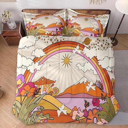Miniatura 6 de Juego de edredón con 2 fundas de almohada, tamaño matrimonial, diseño de hongo hippy y arco iris, decoración de cama retro de los años 70, hippie,