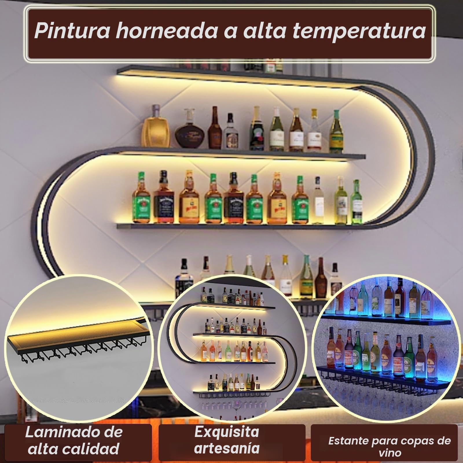 120cm Botellero de Pared, Botellero Semicircular Multicapa con Ganchos para Copas de Vino, Vino de Hierro Forjado, Apto para Cocina, Bar, Cafetería (Excluidas Las Bombillas) (BLACK, 121*20*120cm)