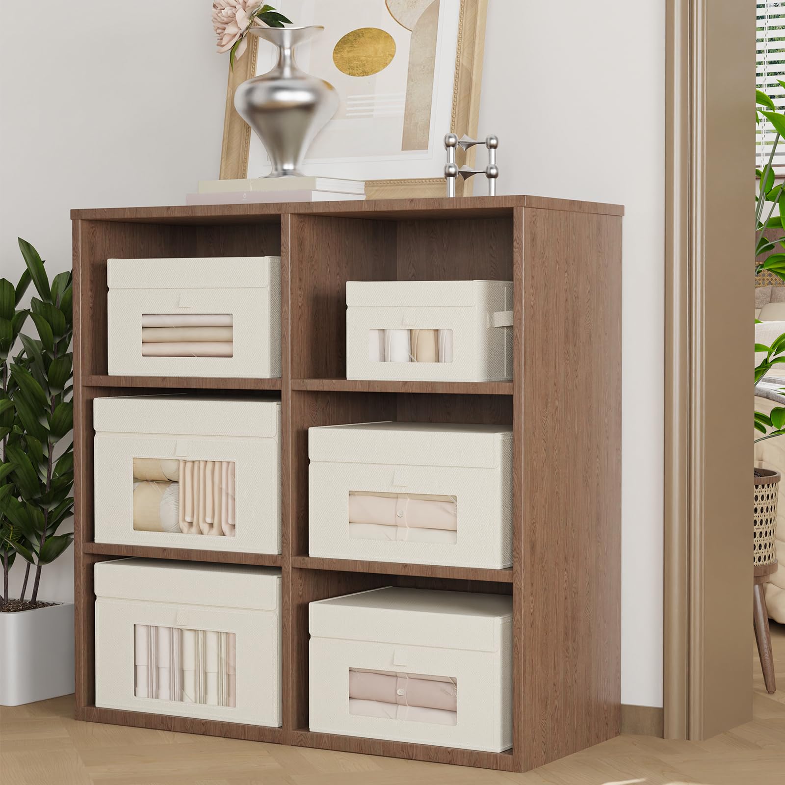 Cajas Almacenaje Ventanas Transparentes, 33x23x20 cm, Beige, Pack 4 | Contenedor de Almacenamiento Plegable, Organizadoras para Estantes, Cestas de Almacenaje para Ropa, libros, Dormitorio
