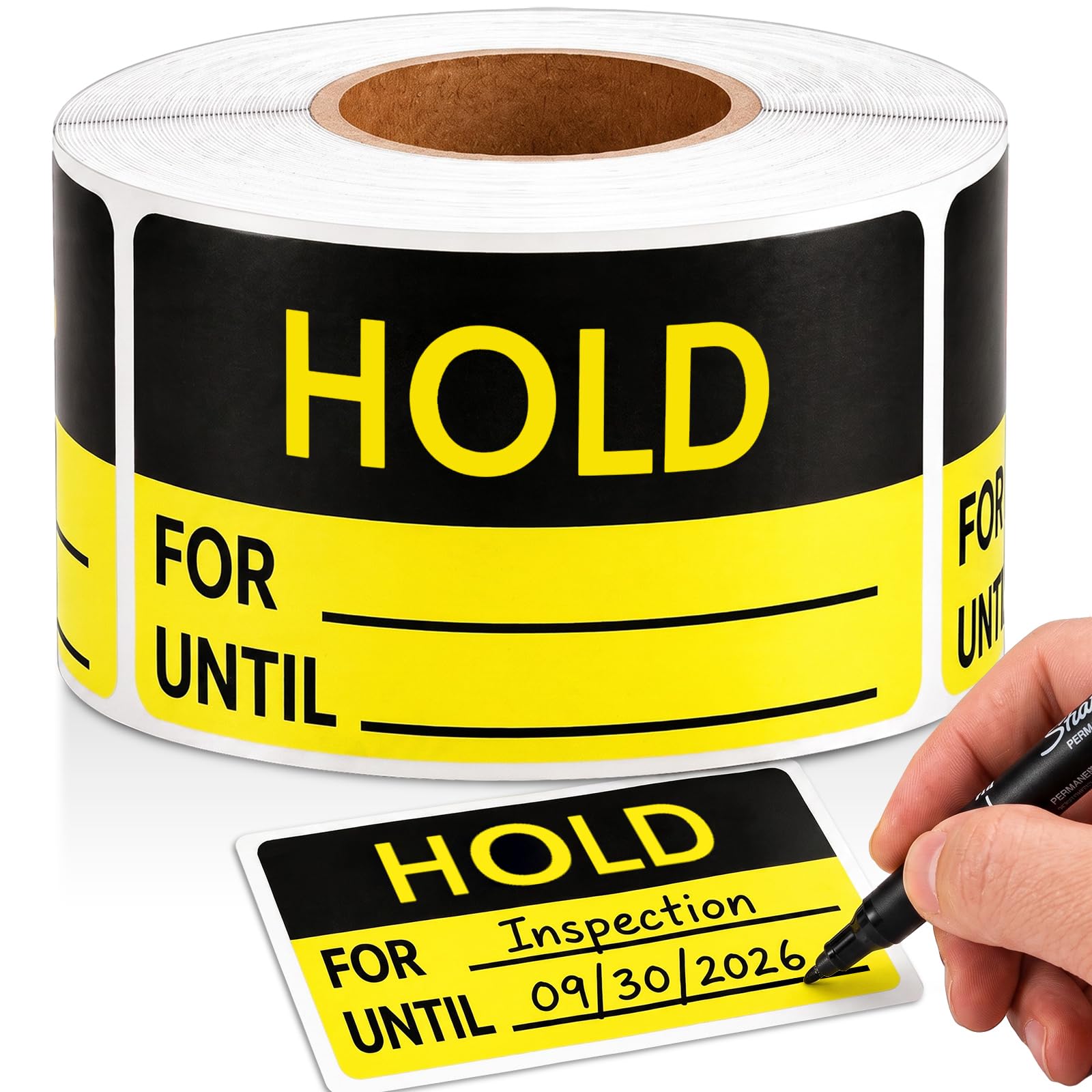 500 Pieces Hold for Until Labels 3.5 x 2.5 Inch Adhesive Stickers Labels for Inventory Control Hold Tags for Warehouse Stock Management Shipping Boxes Pallets Bins Retail, Black and Yellow