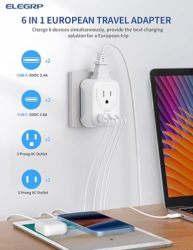 Miniatura 2 de ELEGRP Adaptador de enchufe de viaje europeo, convertidor de adaptador de enchufe de EE. UU. a Europa con dos puertos USB-A y dos puertos USB-C,