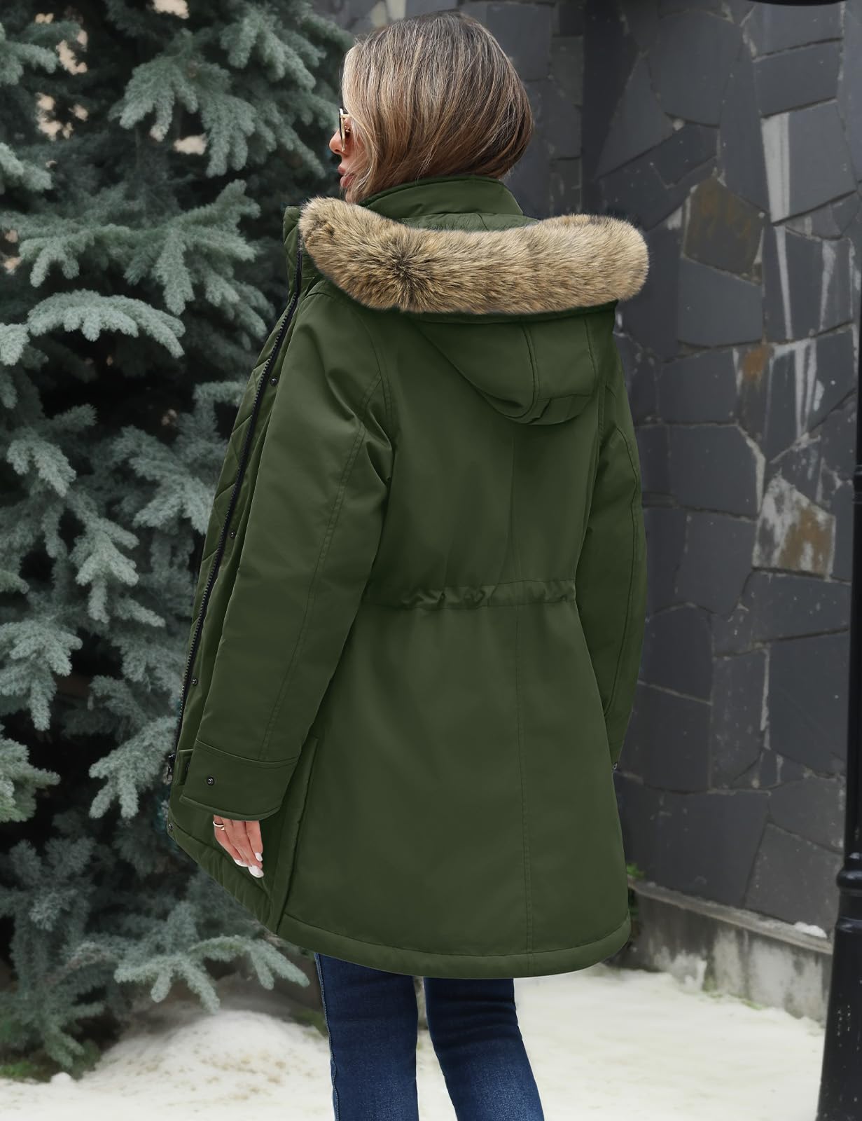 CMTOP Blouson Femme Hiver Mi-long Parka Imperméable à Capuche Amovible Manteau Chaude Elegant Veste Zippé Manche Longue Puffer Coupe-vent Outercoat à Cordon